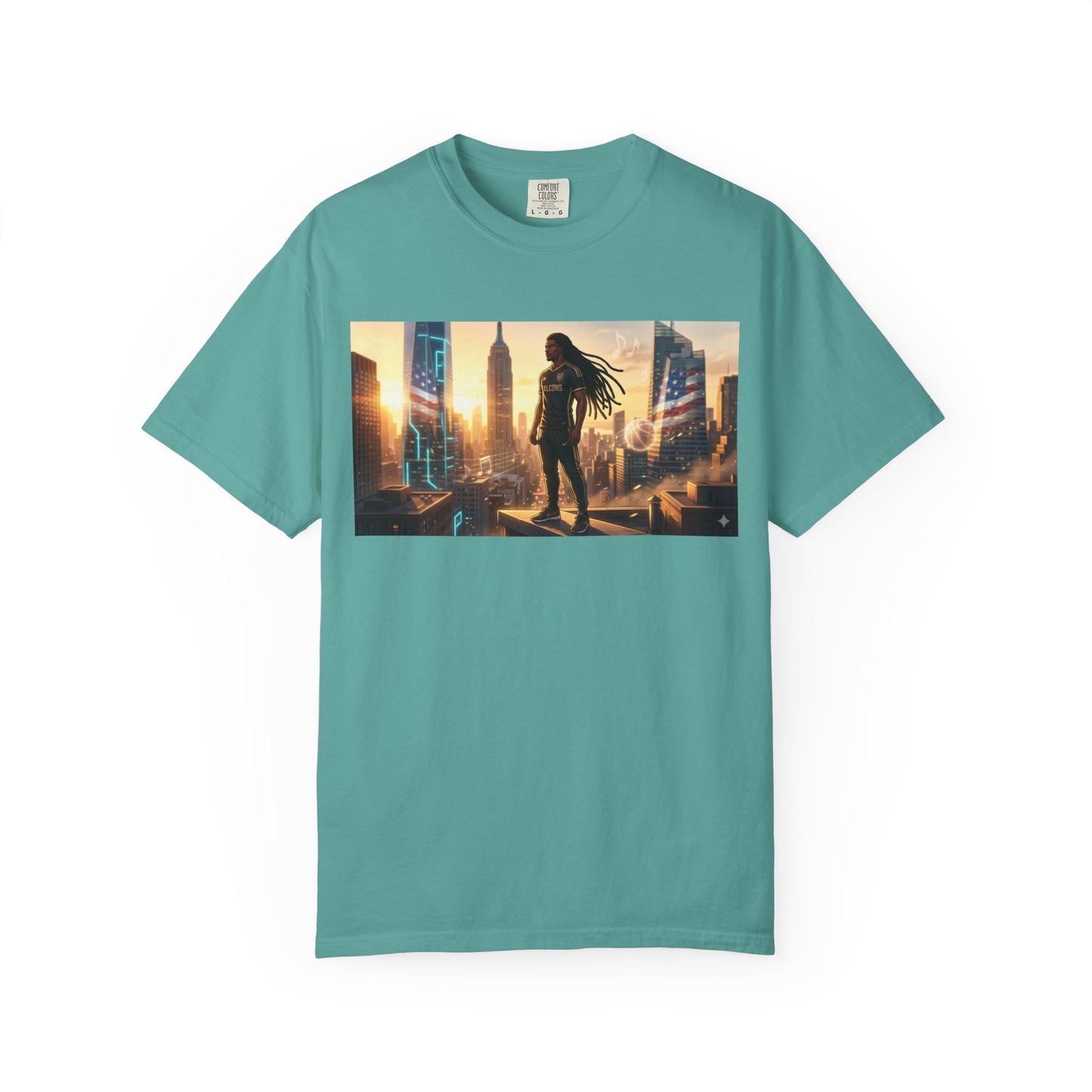 Cyberpunk Cityscape T-Shirt — Silhouette Hero at Sunset