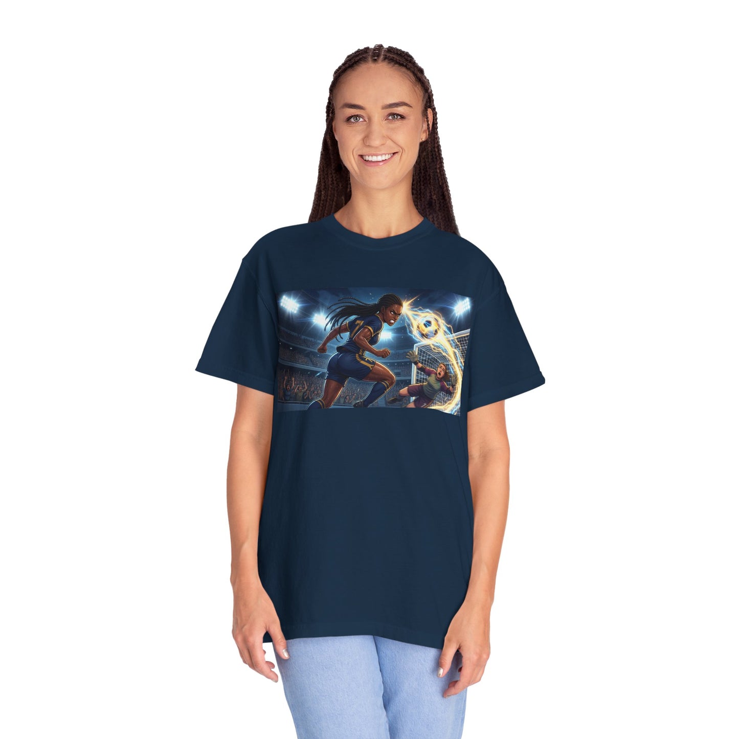 Soccer Duel Graphic T-Shirt — Futuristic Goalkeeper vs Striker Stadium Print