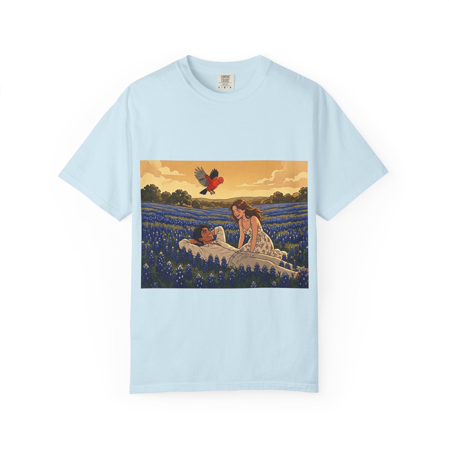 Romantic Bluebonnet Field T-Shirt — Couple in Wildflower Meadow Art Tee