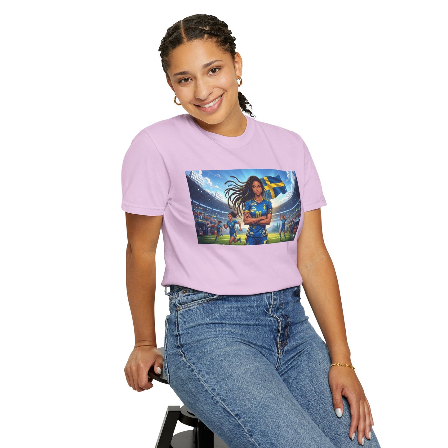 Swedish Soccer Pride T-Shirt — Female Footballer with Flag Stadium Design