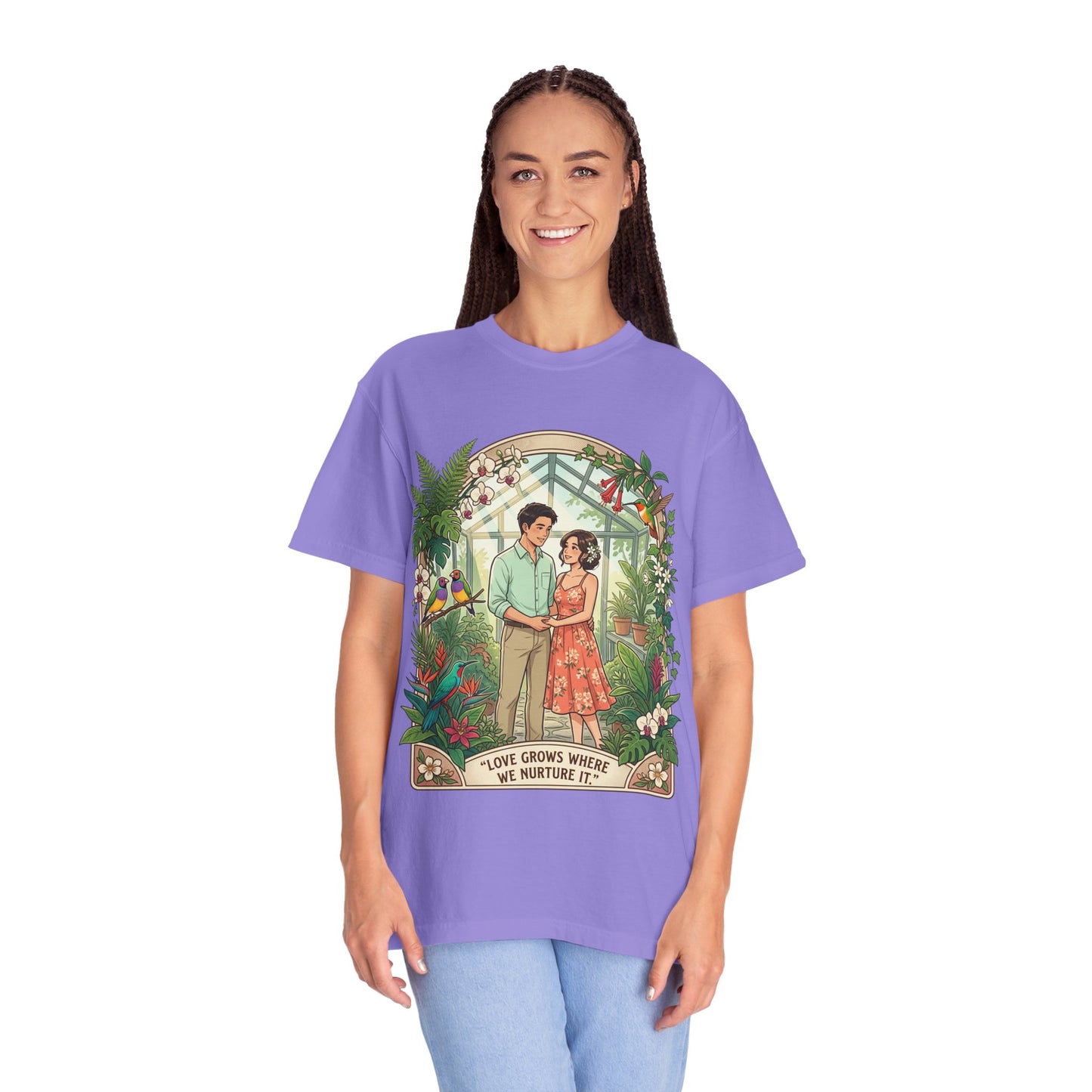 Romantic Greenhouse Couples T-Shirt — “Love Grows Where We Nurture It”