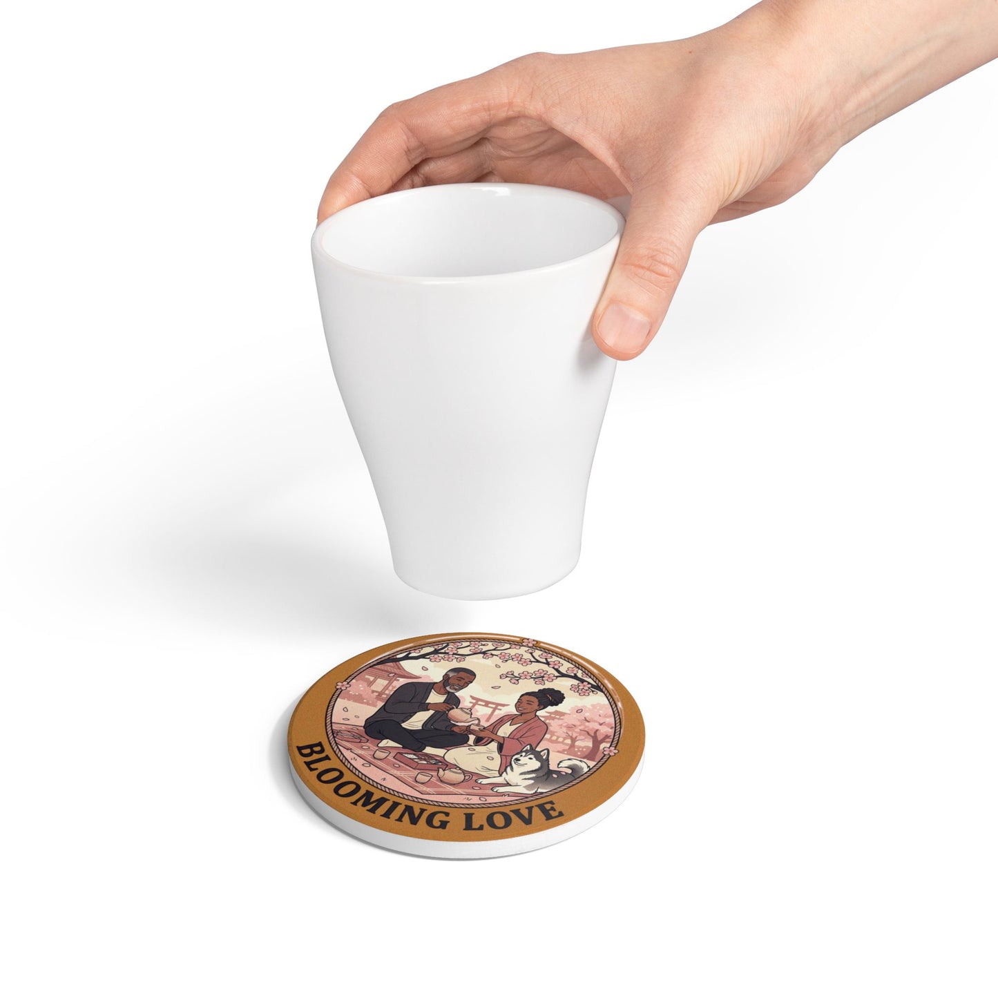 Blooming Love Ceramic Coaster — Romantic Picnic Cherry Blossom Tea Time Gift