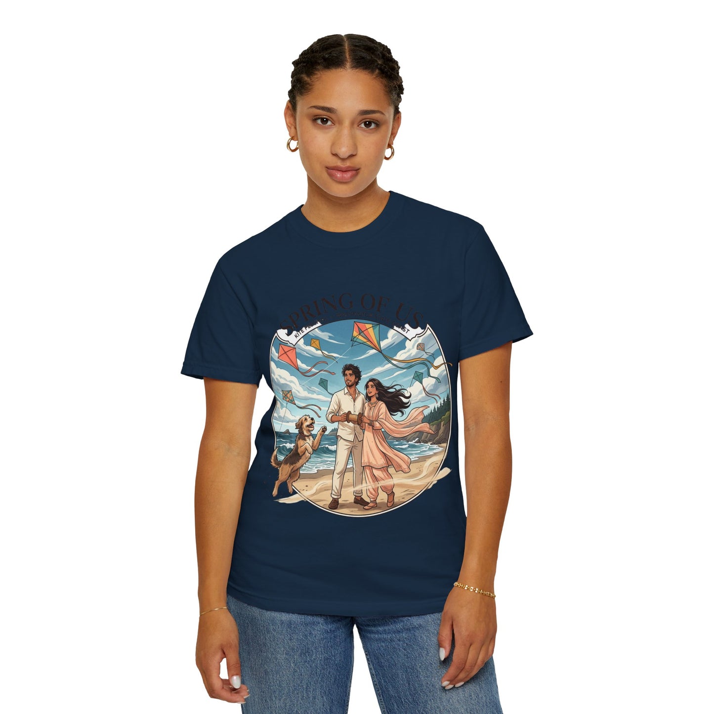 Spring of Us T-Shirt — Romantic Beach Couple Illustration with Dog
