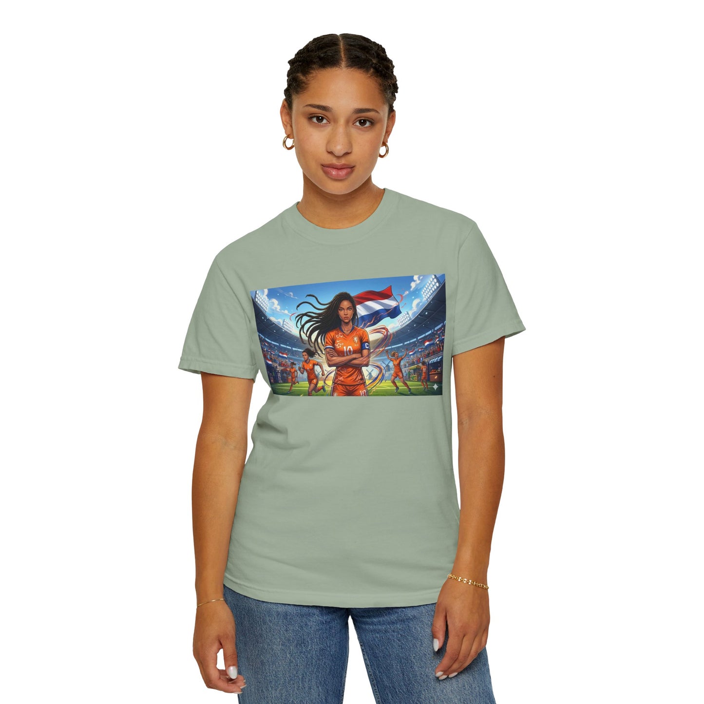 Soccer Warrior T-Shirt — Netherlands Female Captain with Flag Stadium Graphic