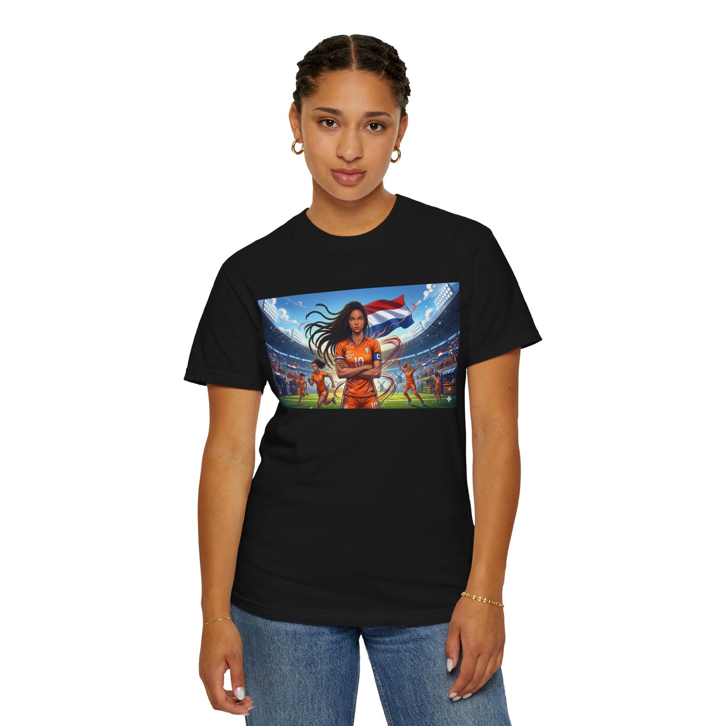 Soccer Warrior T-Shirt — Netherlands Female Captain with Flag Stadium Graphic