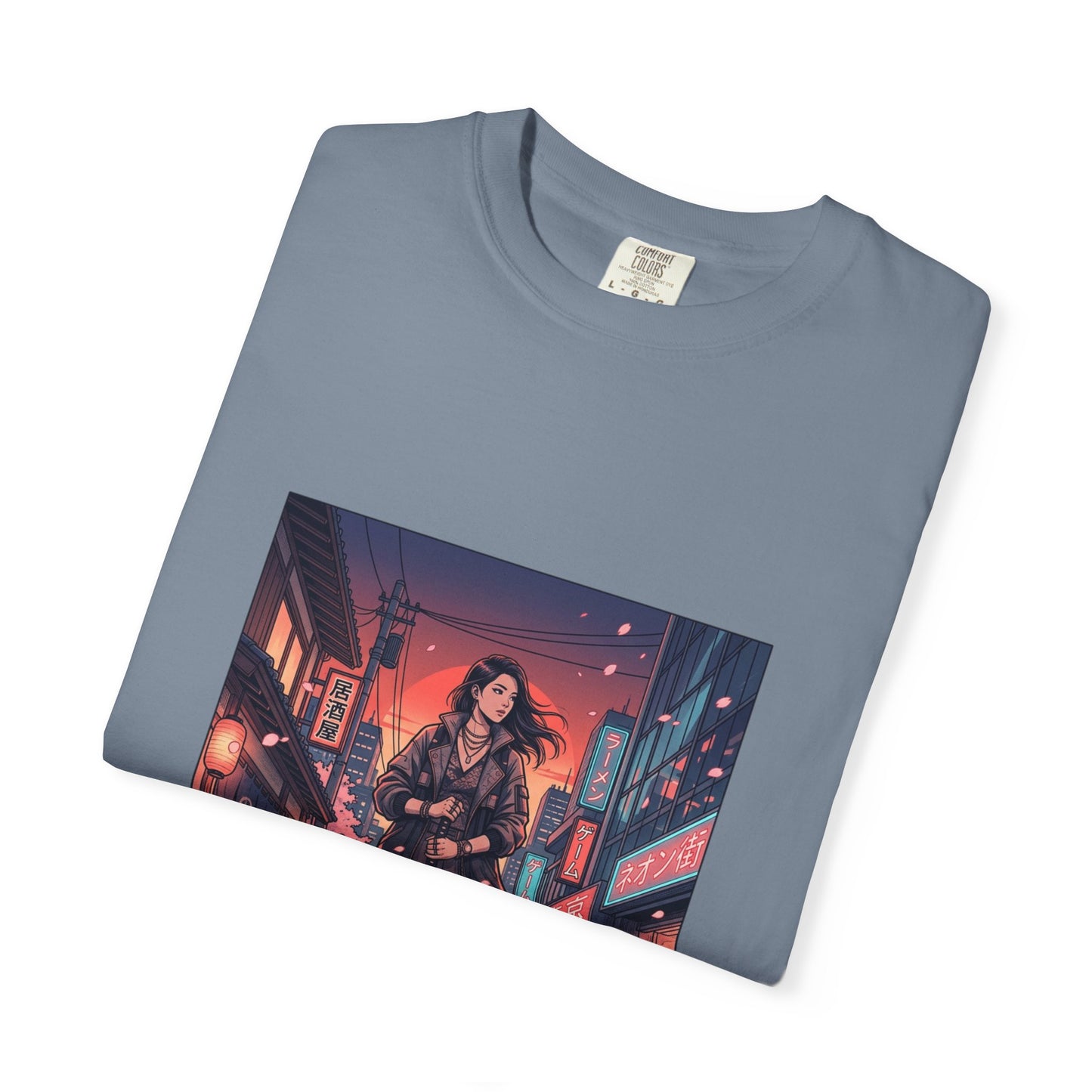 Cyberpunk Night Streets T‑Shirt — Neon Samurai Girl Graphic Tee