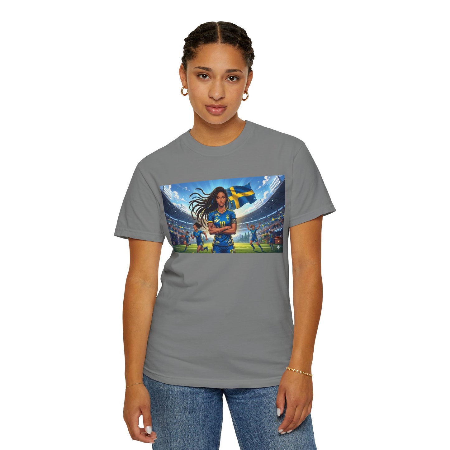 Swedish Soccer Pride T-Shirt — Female Footballer with Flag Stadium Design