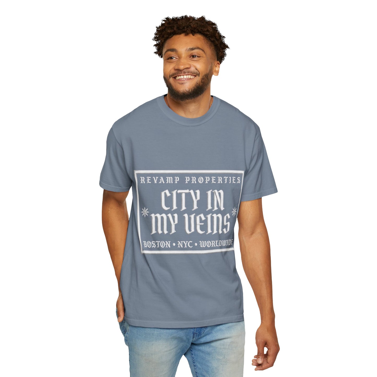 City In My Veins T‑Shirt — Vintage Cityscape Tee (Boston • NYC • Manchester)