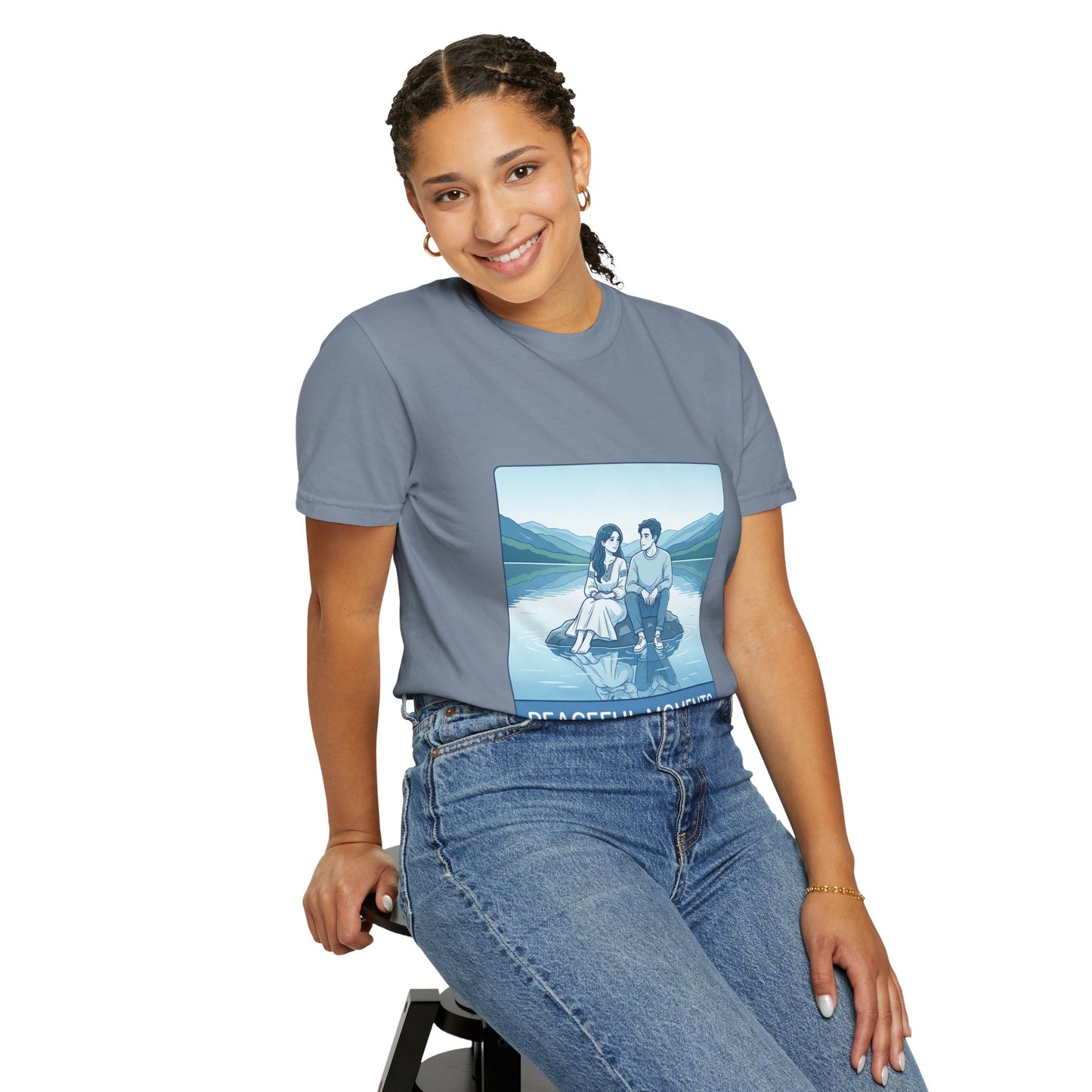 Peaceful Moments Tee — Couple Sitting by Lake Graphic T-Shirt