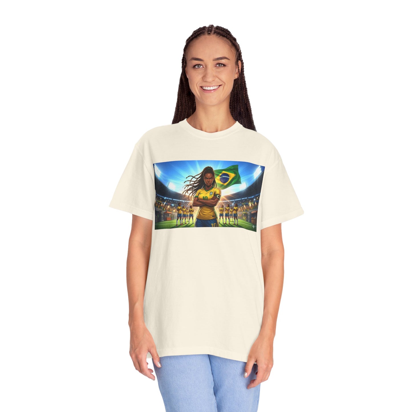 Brazil Soccer Captain T-Shirt — Player Holding Ball with Brazilian Flag Stadium Graphic