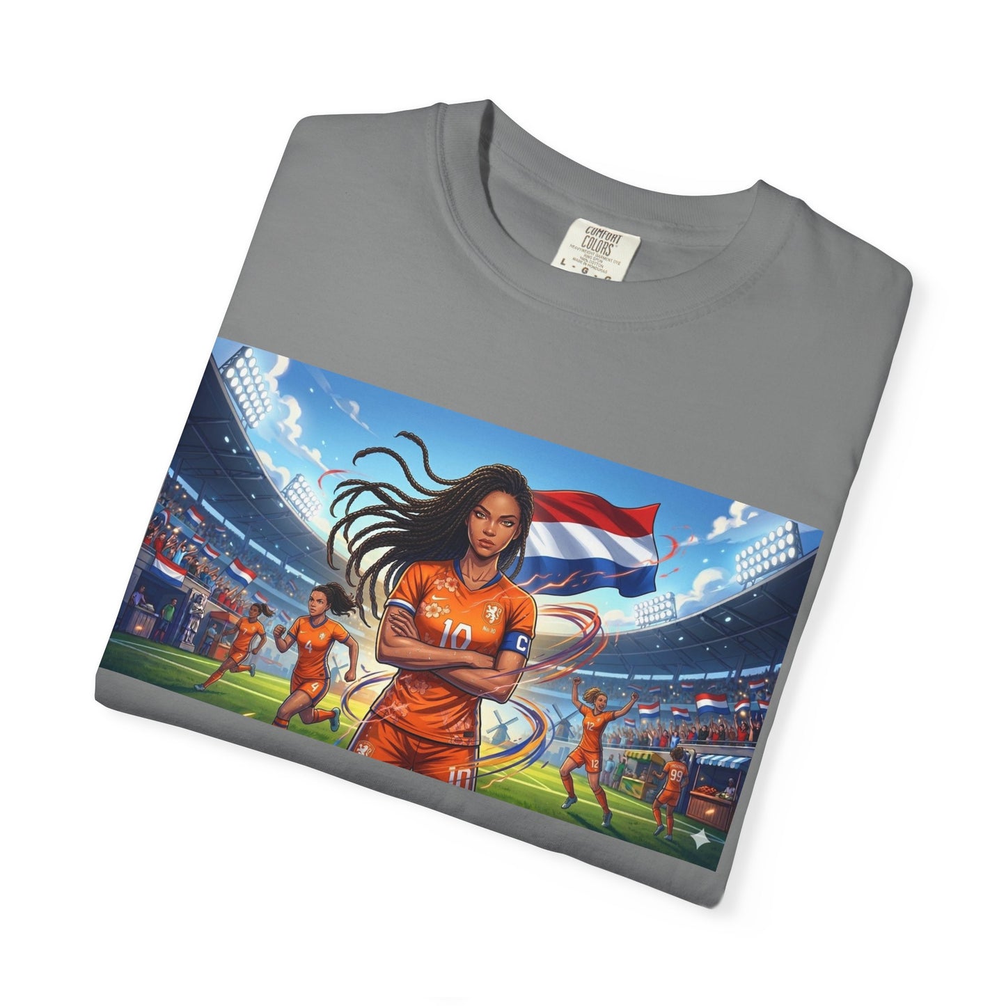 Soccer Warrior T-Shirt — Netherlands Female Captain with Flag Stadium Graphic
