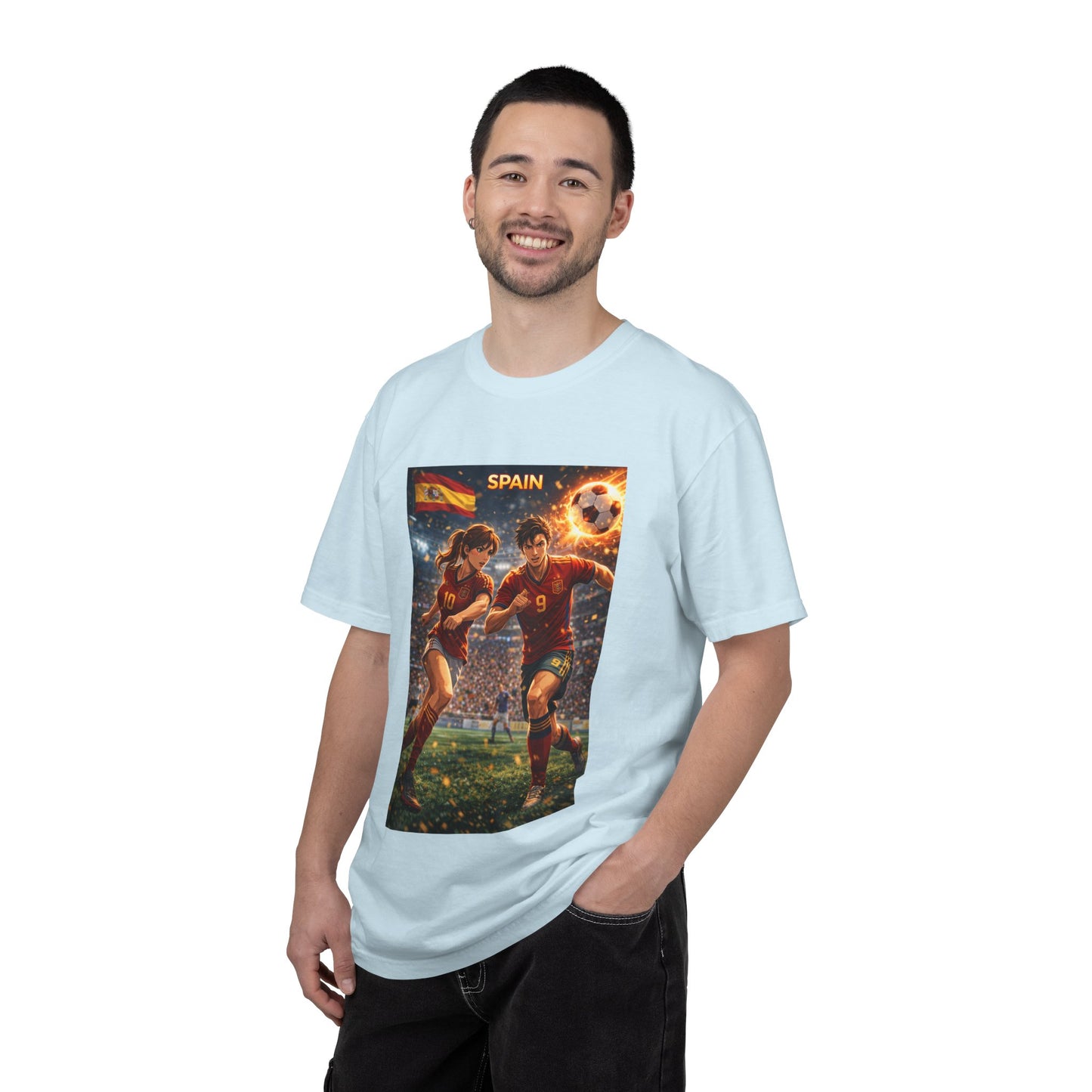 Spain Soccer Graphic T-Shirt — Retro Match Scene with Flag