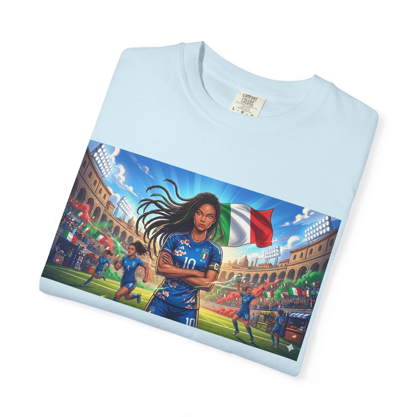 Italian Soccer Fan T‑Shirt – Inspirational Female Player with Italy Flag Stadium Print