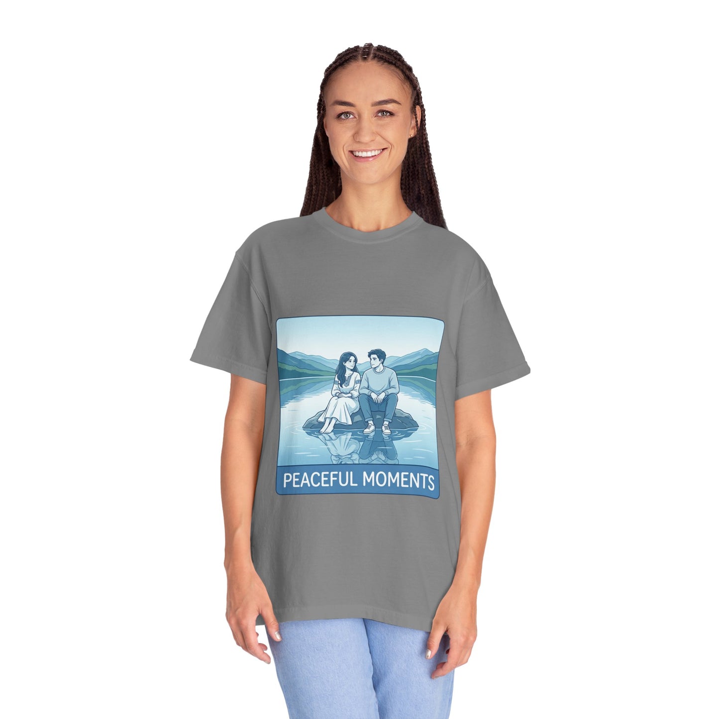 Peaceful Moments Tee — Couple Sitting by Lake Graphic T-Shirt