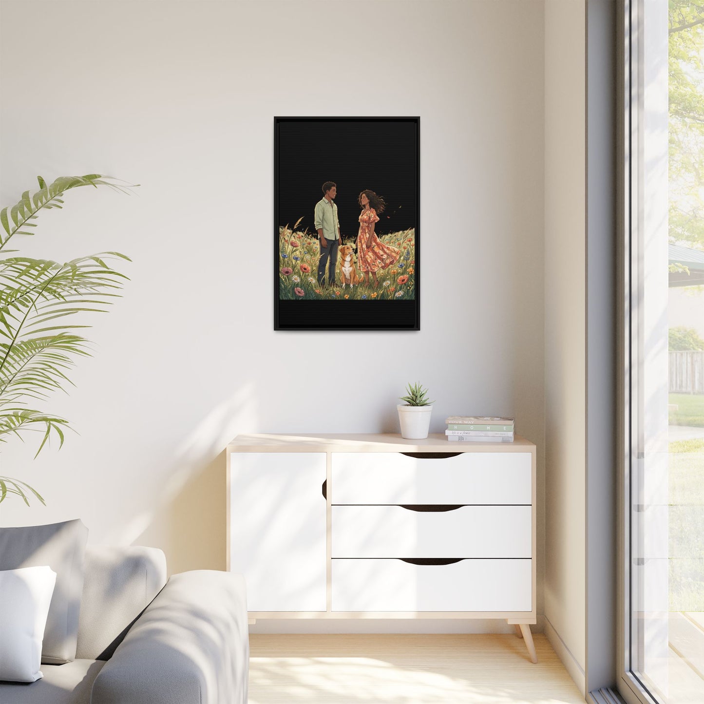 Framed Matte Canvas Print — Romantic Couple in Wildflower Field (Multi‑Color)