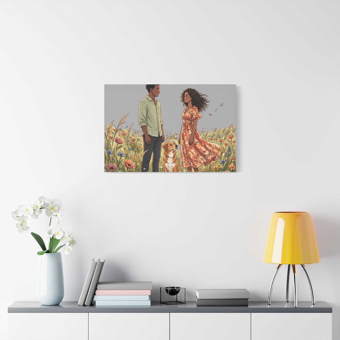 Romantic Couple in Wildflower Field Canvas Art — Black Love Wall Decor with Dog