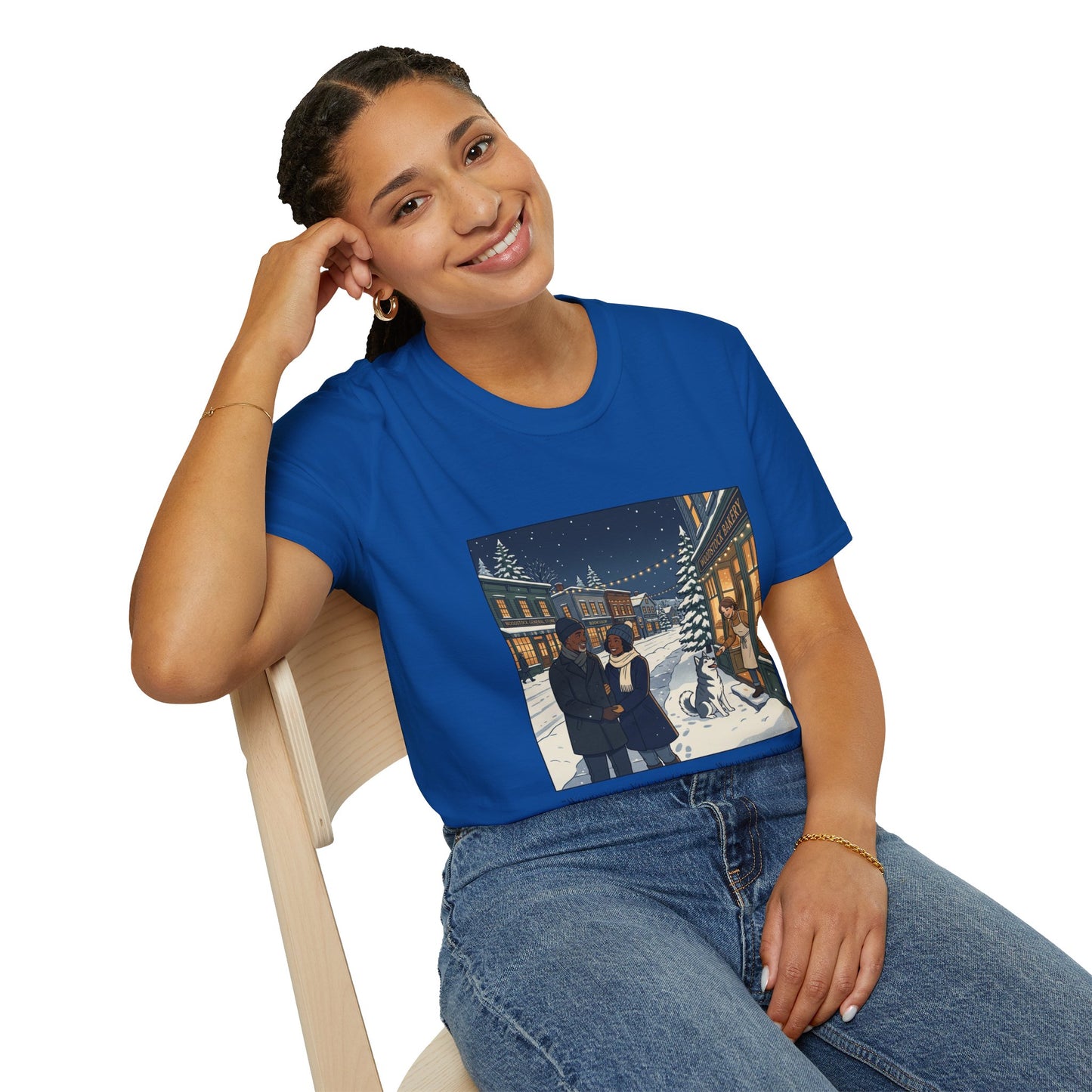Winter String Lights Stroll T-Shirt — Cozy Holiday Street Scene Graphic Tee