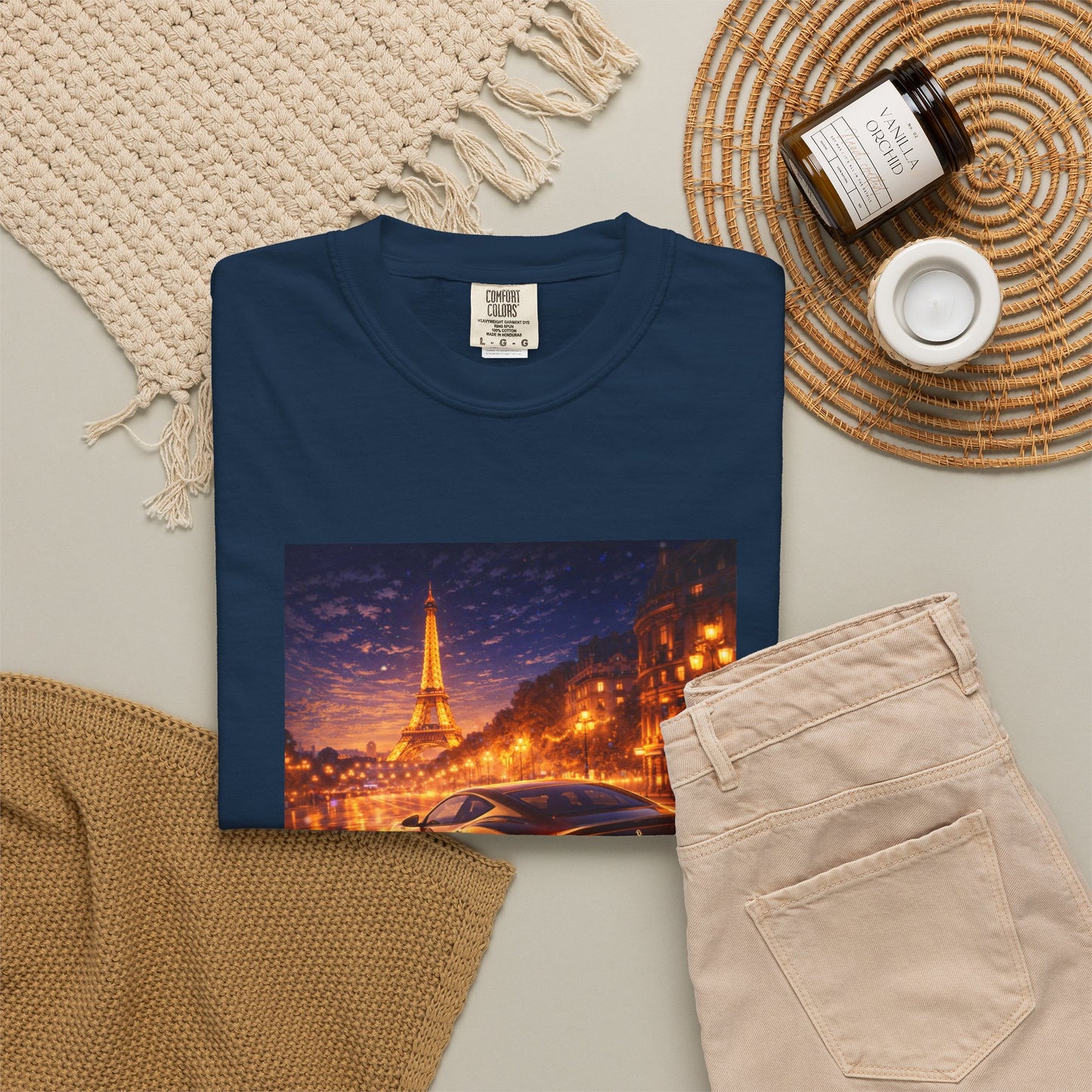 Paris Night Drive T-Shirt — Sports Car in Rainy Cityscape