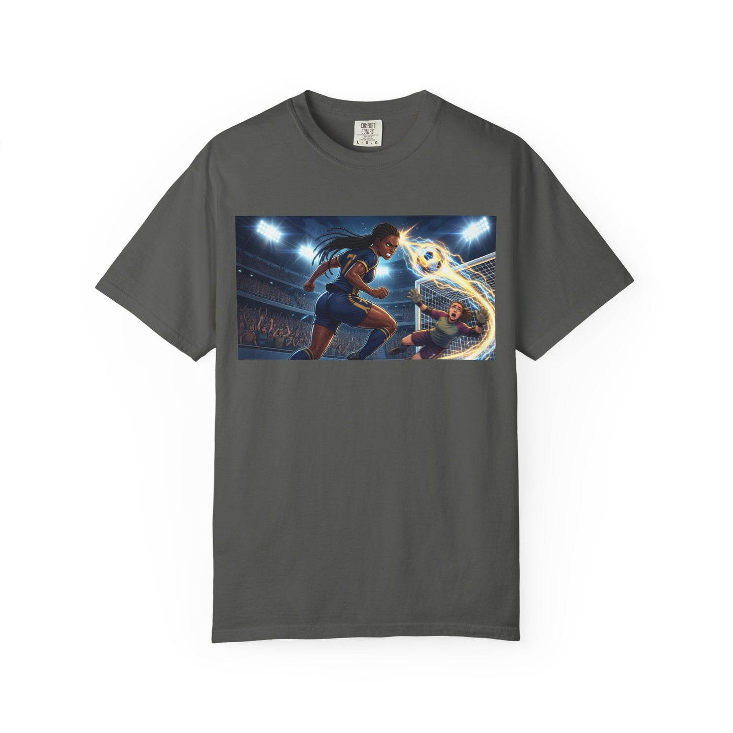 Soccer Duel Graphic T-Shirt — Futuristic Goalkeeper vs Striker Stadium Print