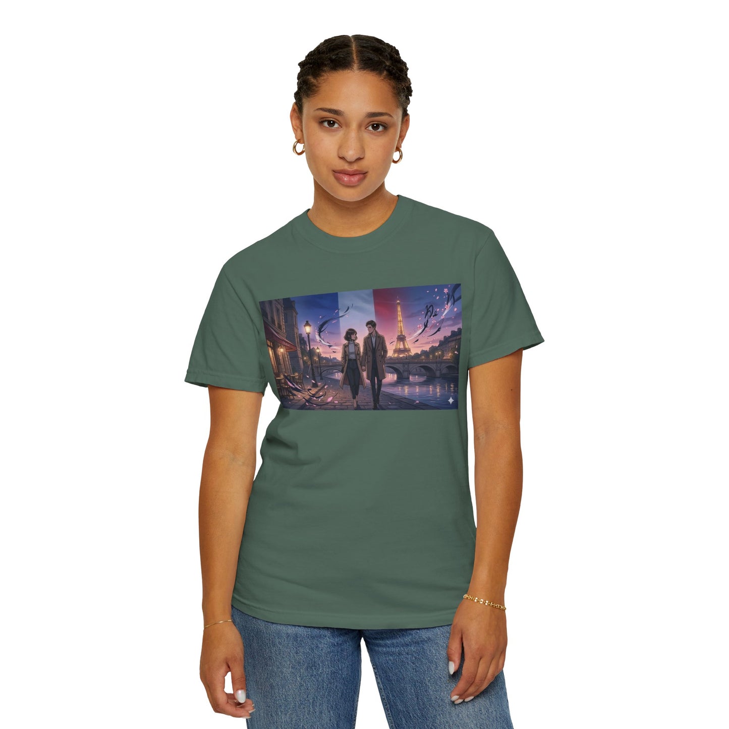 Couple Walking, Eiffel Tower - T-Shirt — Romantic Paris Nightscape Graphic Tee