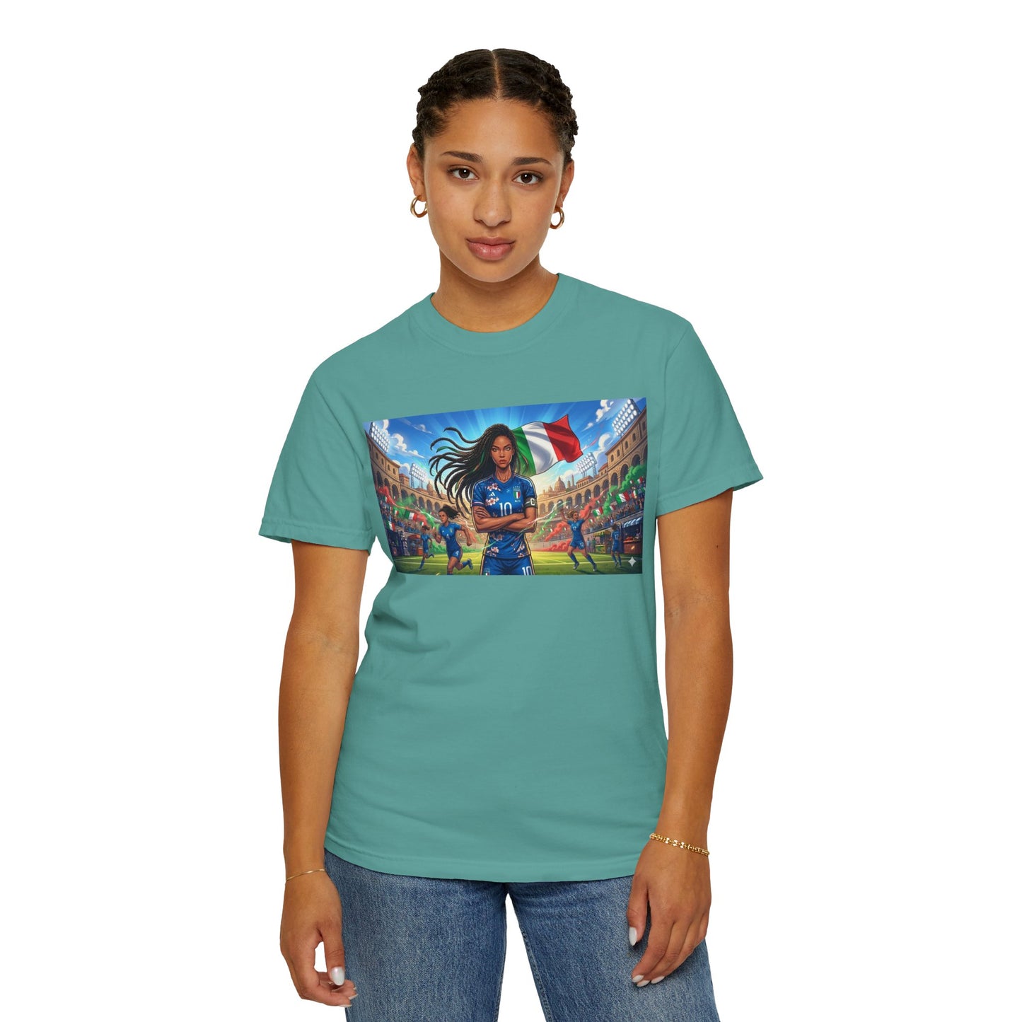 Italian Soccer Fan T‑Shirt – Inspirational Female Player with Italy Flag Stadium Print