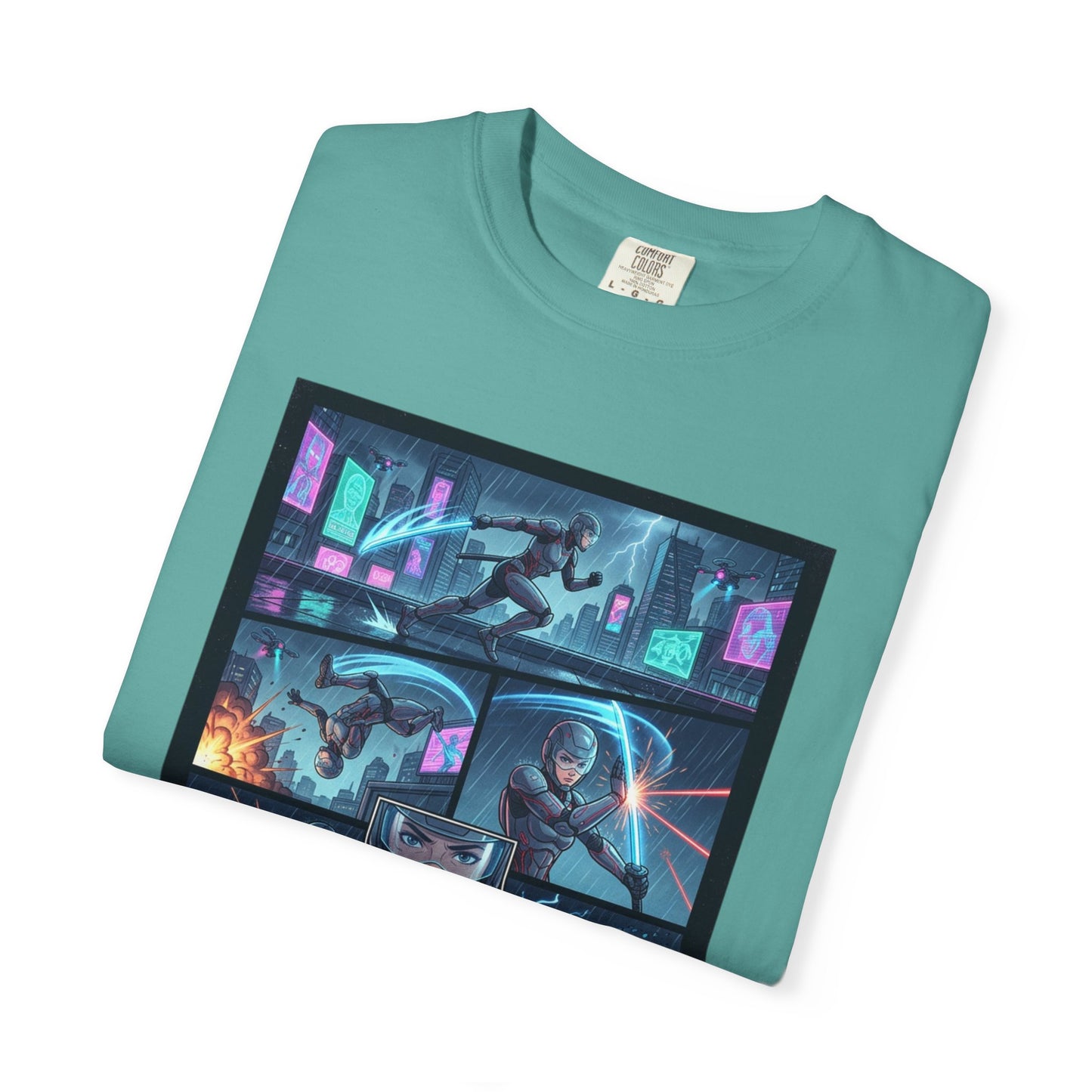 Cyberpunk Girl Samurai T-Shirt — Neon Manga Panel Graphic Tee