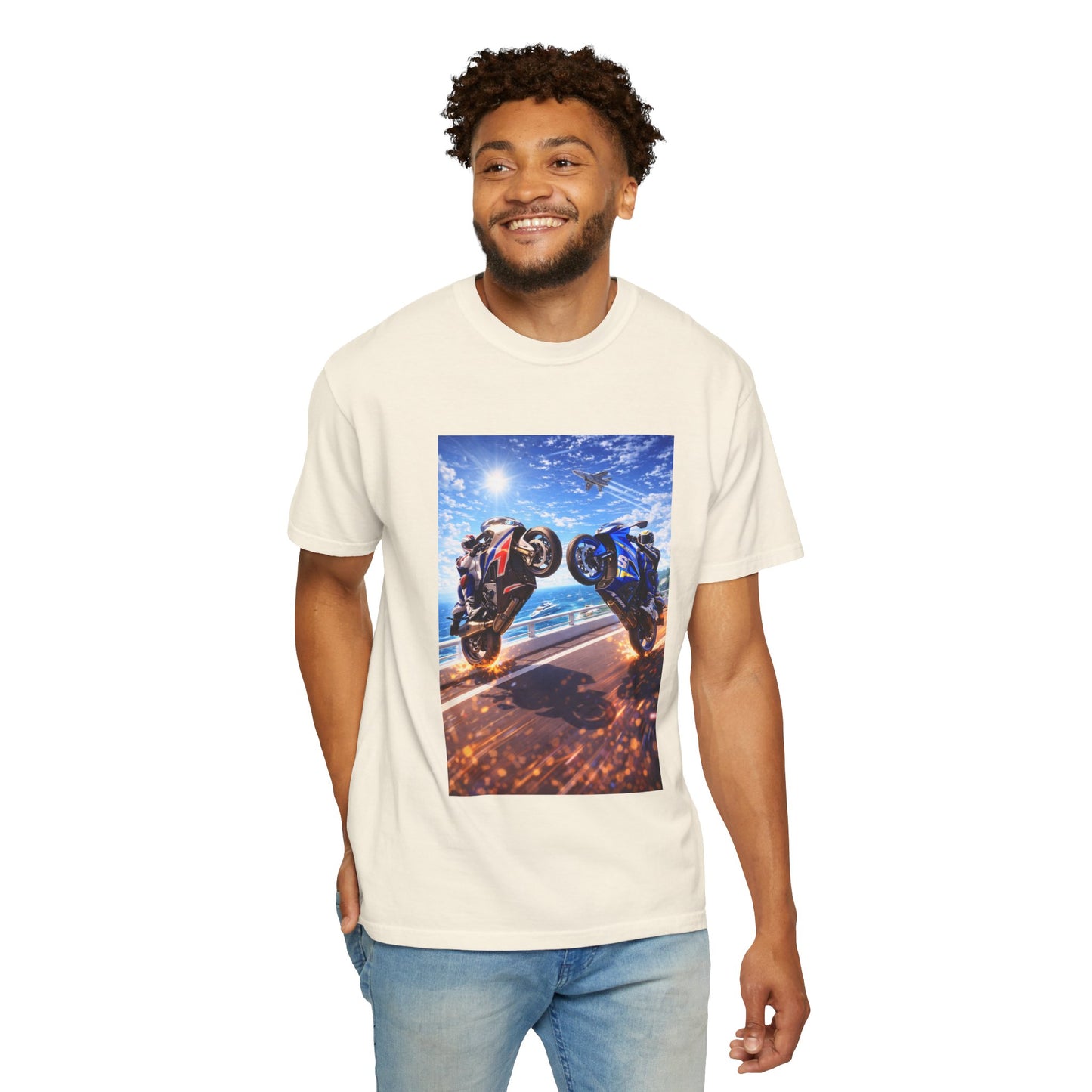 Stunt Riders Motorcycle T-Shirt — Two Bike Wheelie Racing Graphic Tee