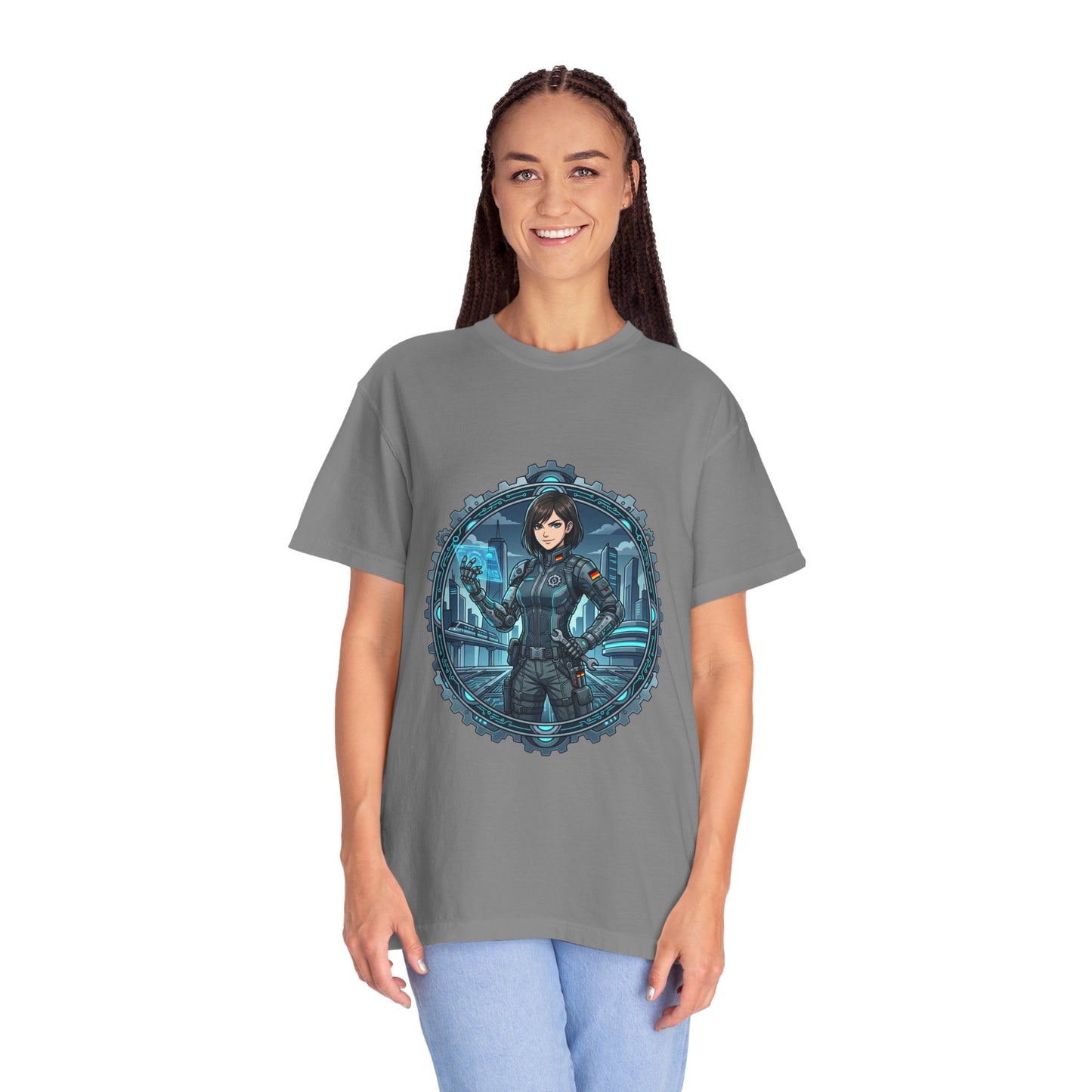 Cyber Ninja Graphic T-Shirt — Futuristic Female Warrior Illustration