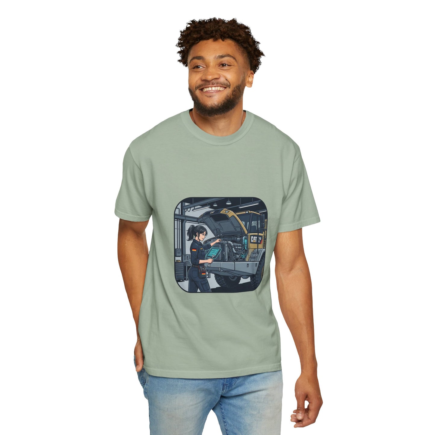 Mechanic Garage Scene T-Shirt — Vintage Truck Repair Illustration