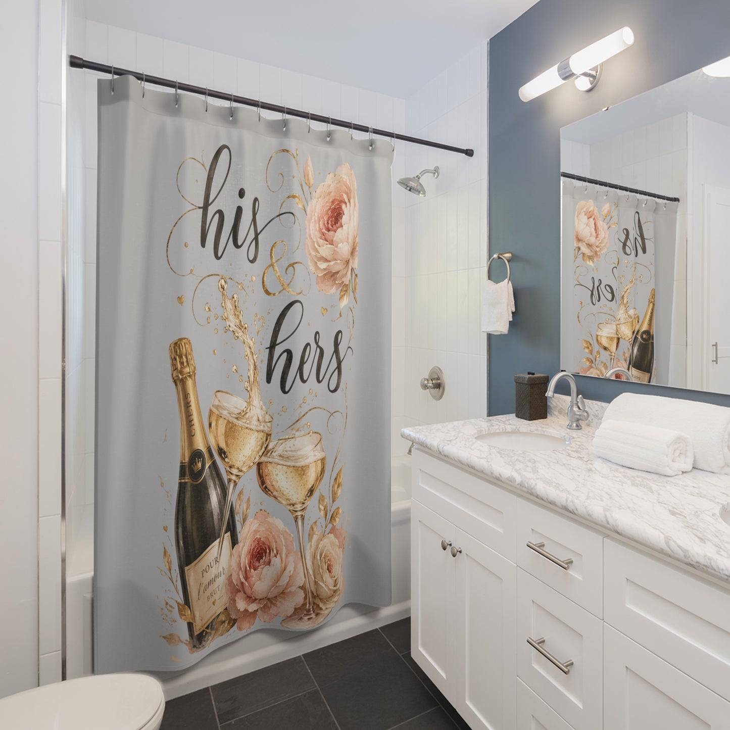 Blossoms & Bubbles Shower Curtain – Floral Champagne Couples Bathroom Decor