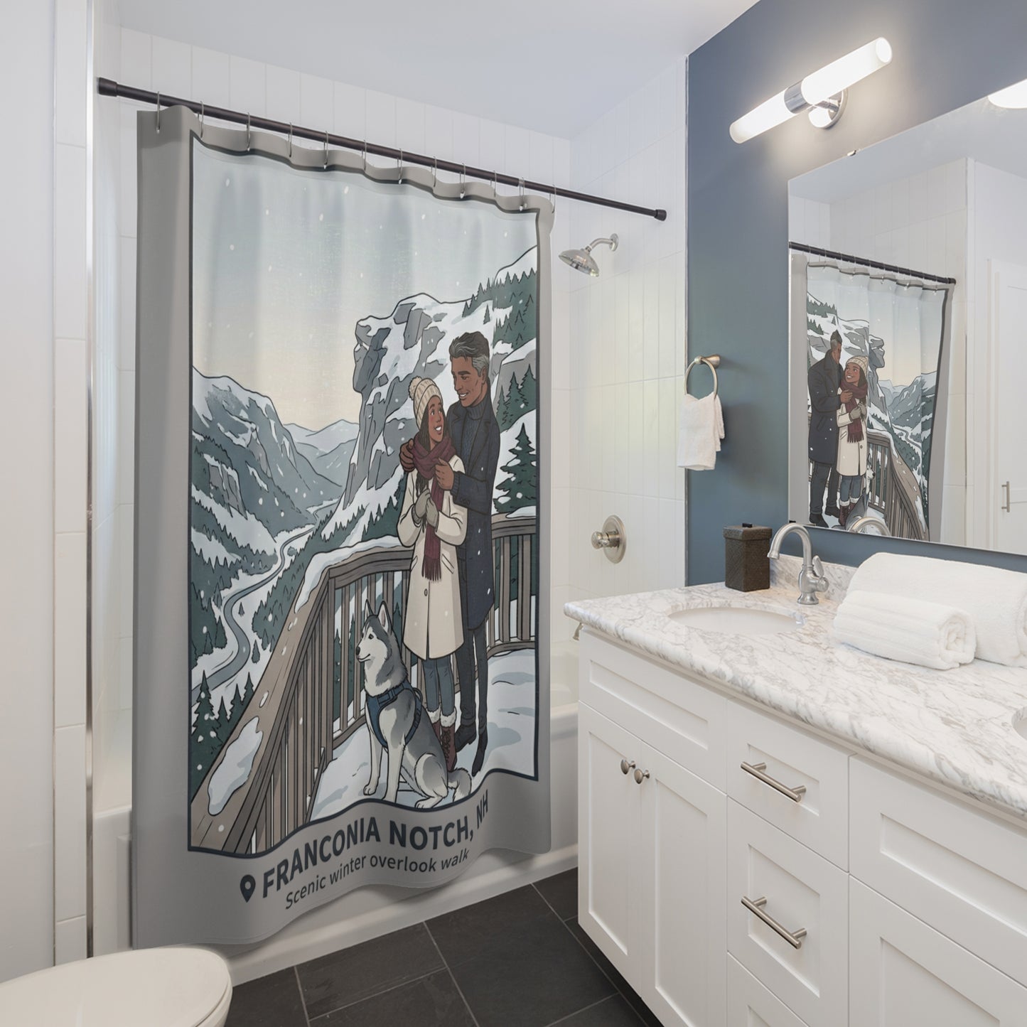 Franconia Notch Winter Shower Curtain — Scenic Snowy Overlook Bathroom Decor