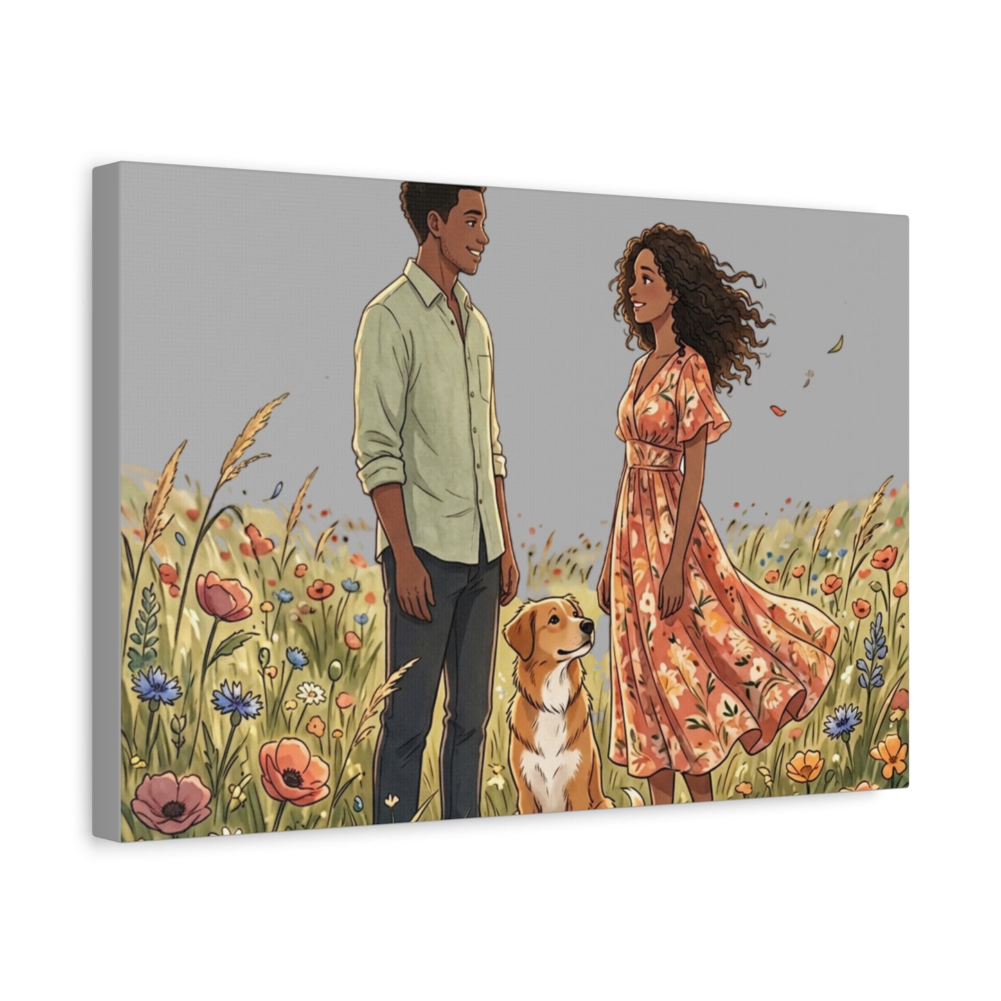 Romantic Couple in Wildflower Field Canvas Art — Black Love Wall Decor with Dog