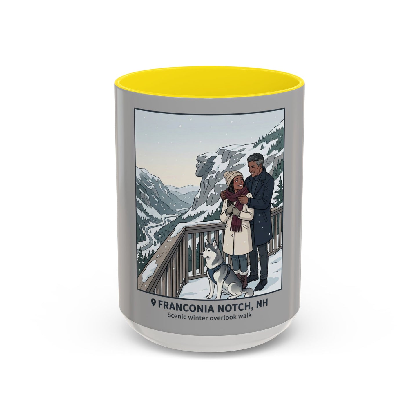 Franconia Notch Scenic Winter Mug — Couples & Dog Snowy Overlook Coffee Cup (11/15oz)