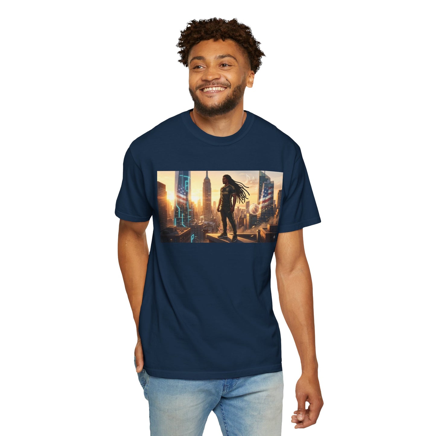 Cyberpunk Cityscape T-Shirt — Silhouette Hero at Sunset