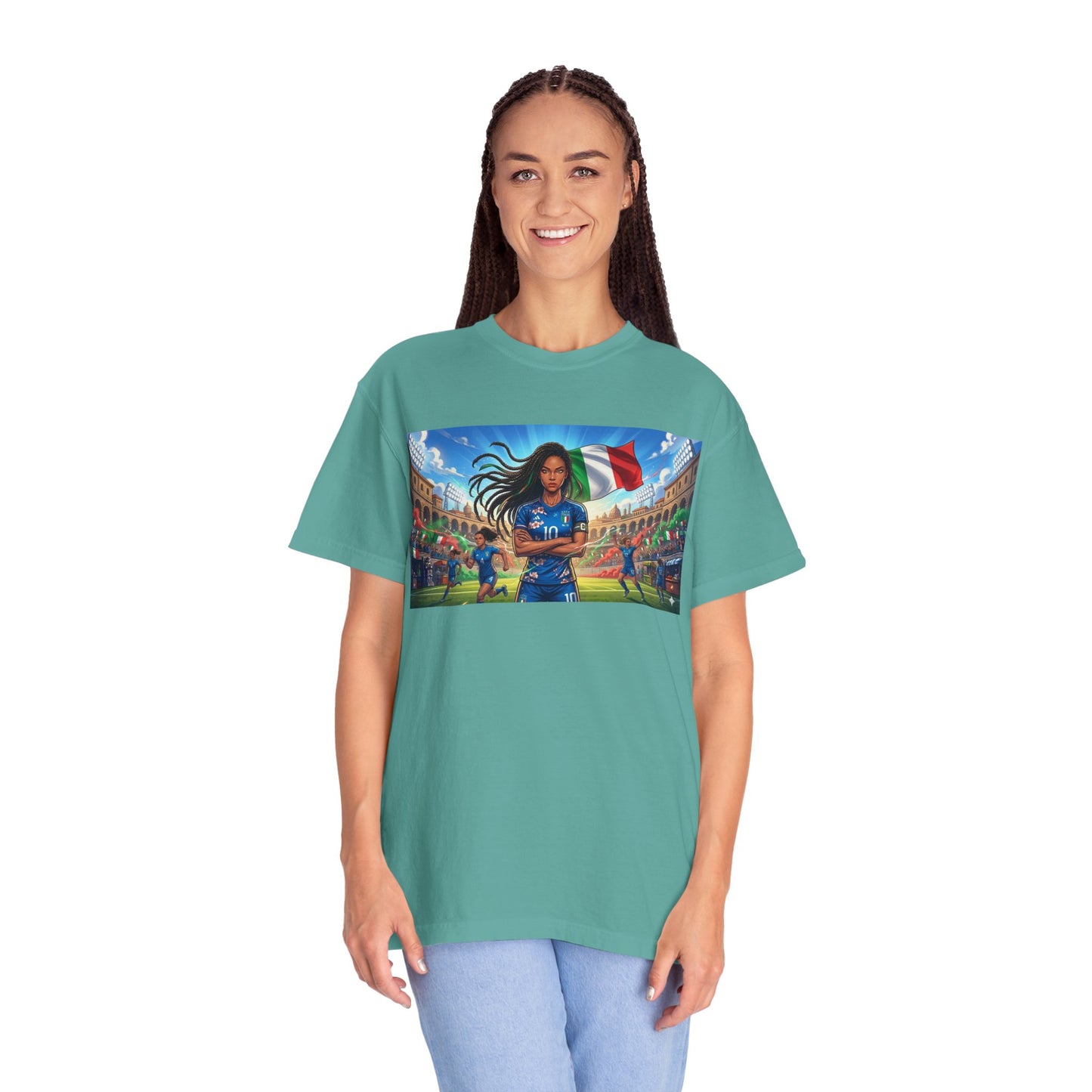Italian Soccer Fan T‑Shirt – Inspirational Female Player with Italy Flag Stadium Print