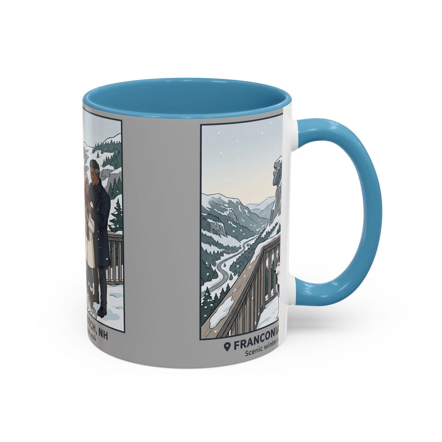 Franconia Notch Scenic Winter Mug — Couples & Dog Snowy Overlook Coffee Cup (11/15oz)