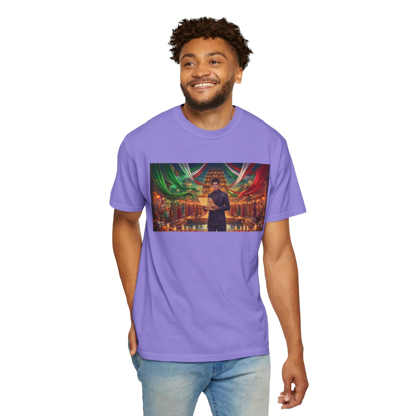 T-Shirt — Dragon Temple Night Scene Graphic Tee (Monk with Dragons)
