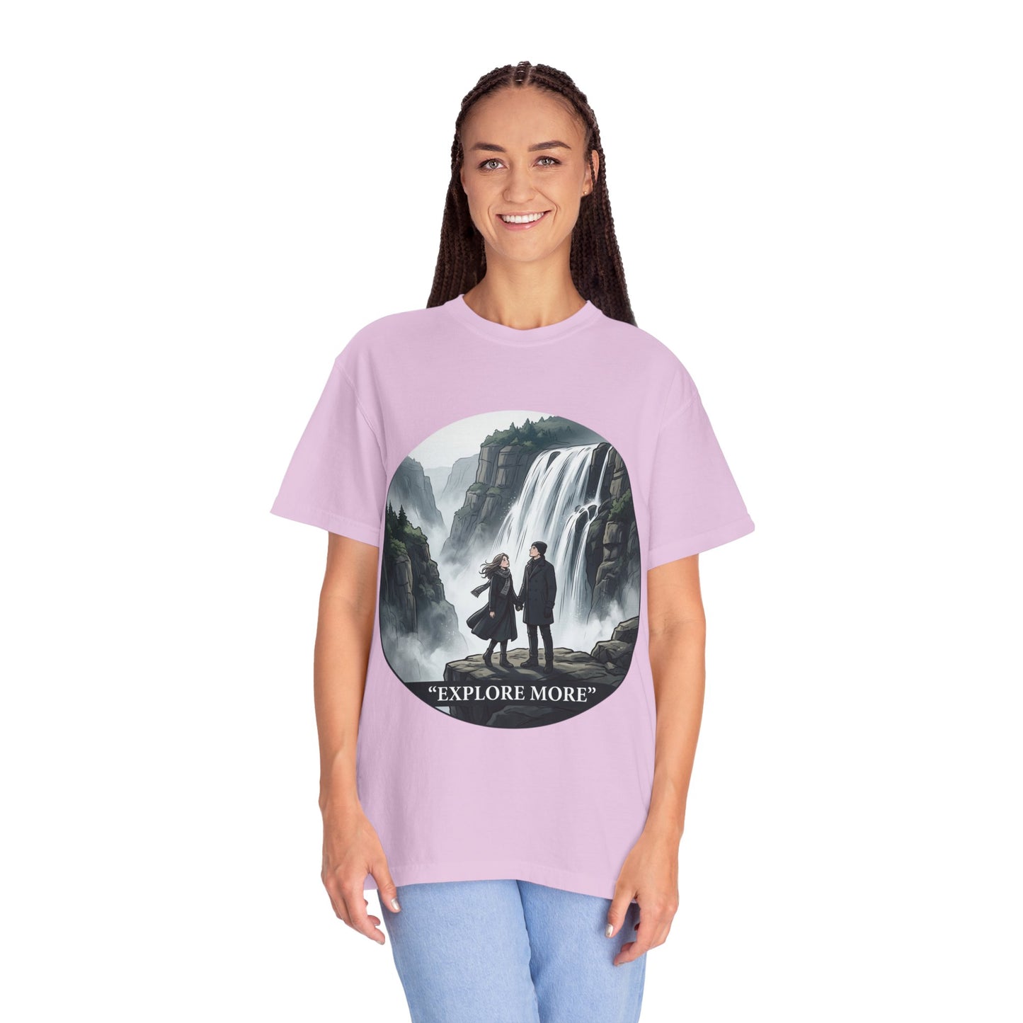 Explore More T-Shirt — Adventure Graphic Tee with Waterfall Scene