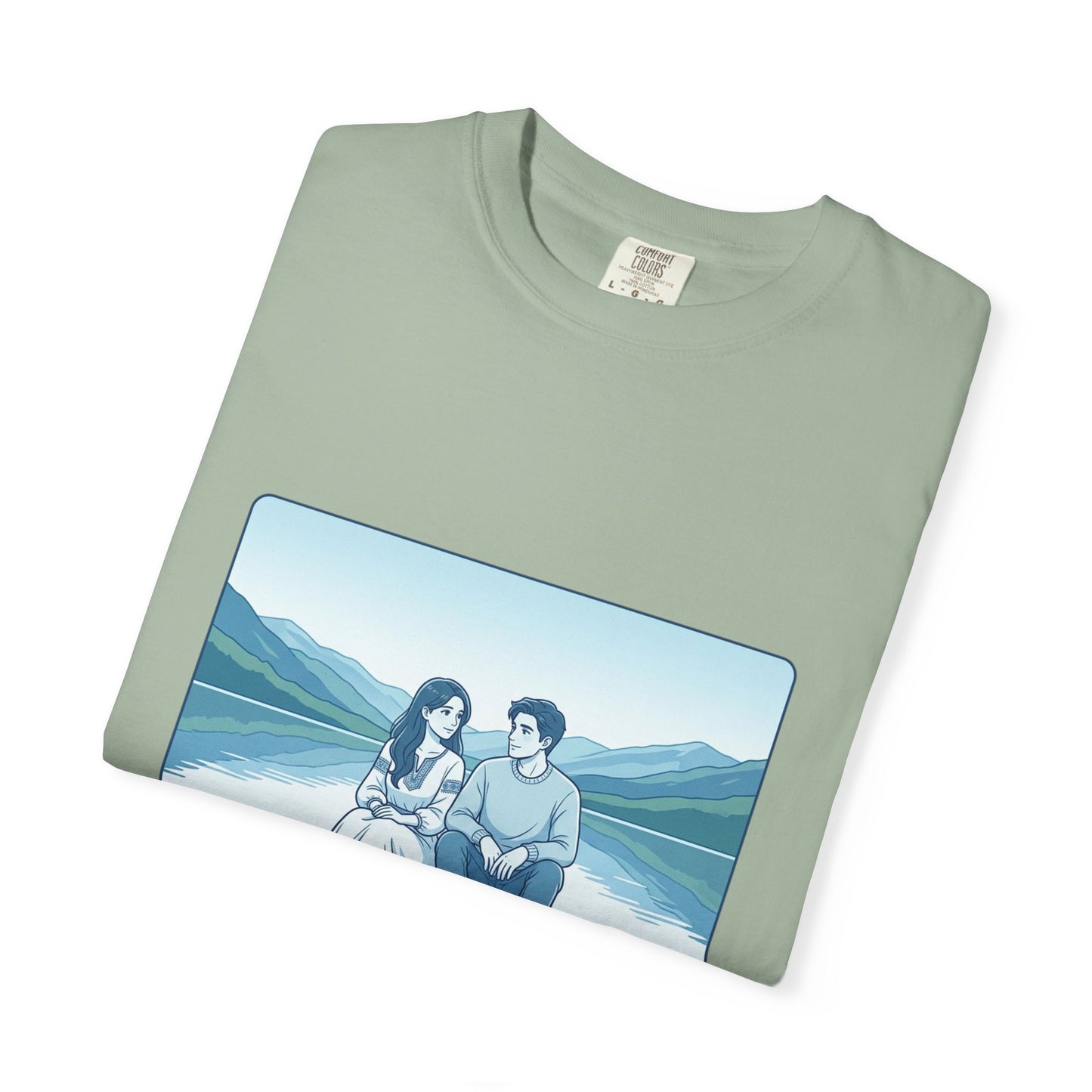 Peaceful Moments Tee — Couple Sitting by Lake Graphic T-Shirt