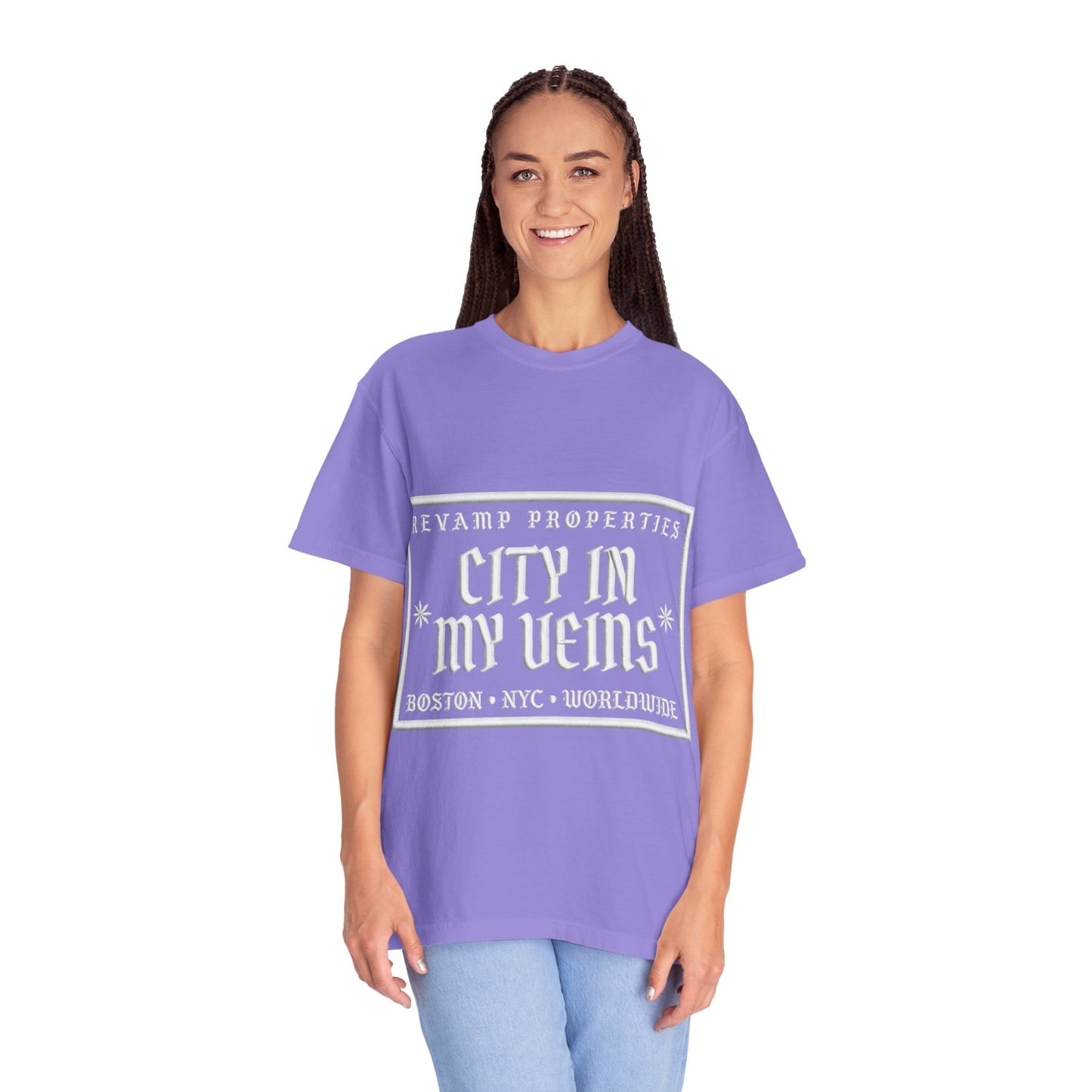 City In My Veins T‑Shirt — Vintage Cityscape Tee (Boston • NYC • Manchester)
