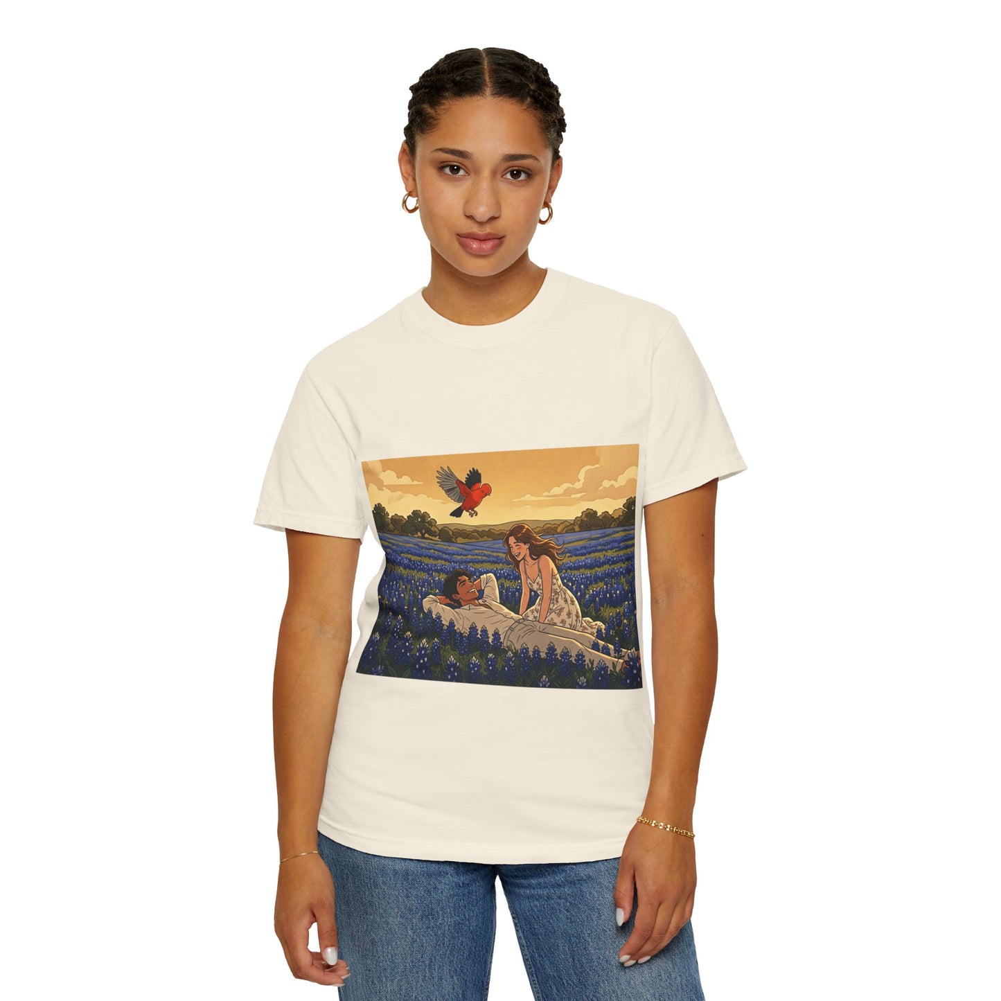 Romantic Bluebonnet Field T-Shirt — Couple in Wildflower Meadow Art Tee
