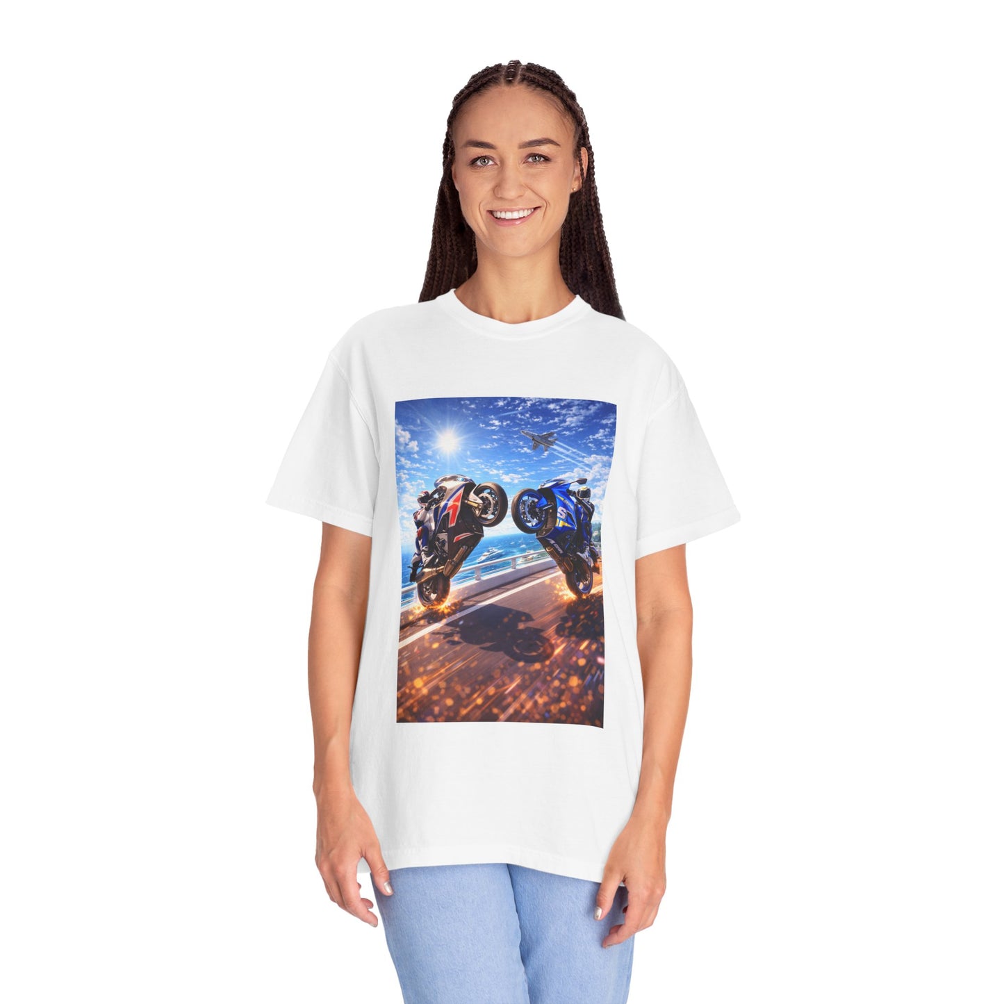Stunt Riders Motorcycle T-Shirt — Two Bike Wheelie Racing Graphic Tee