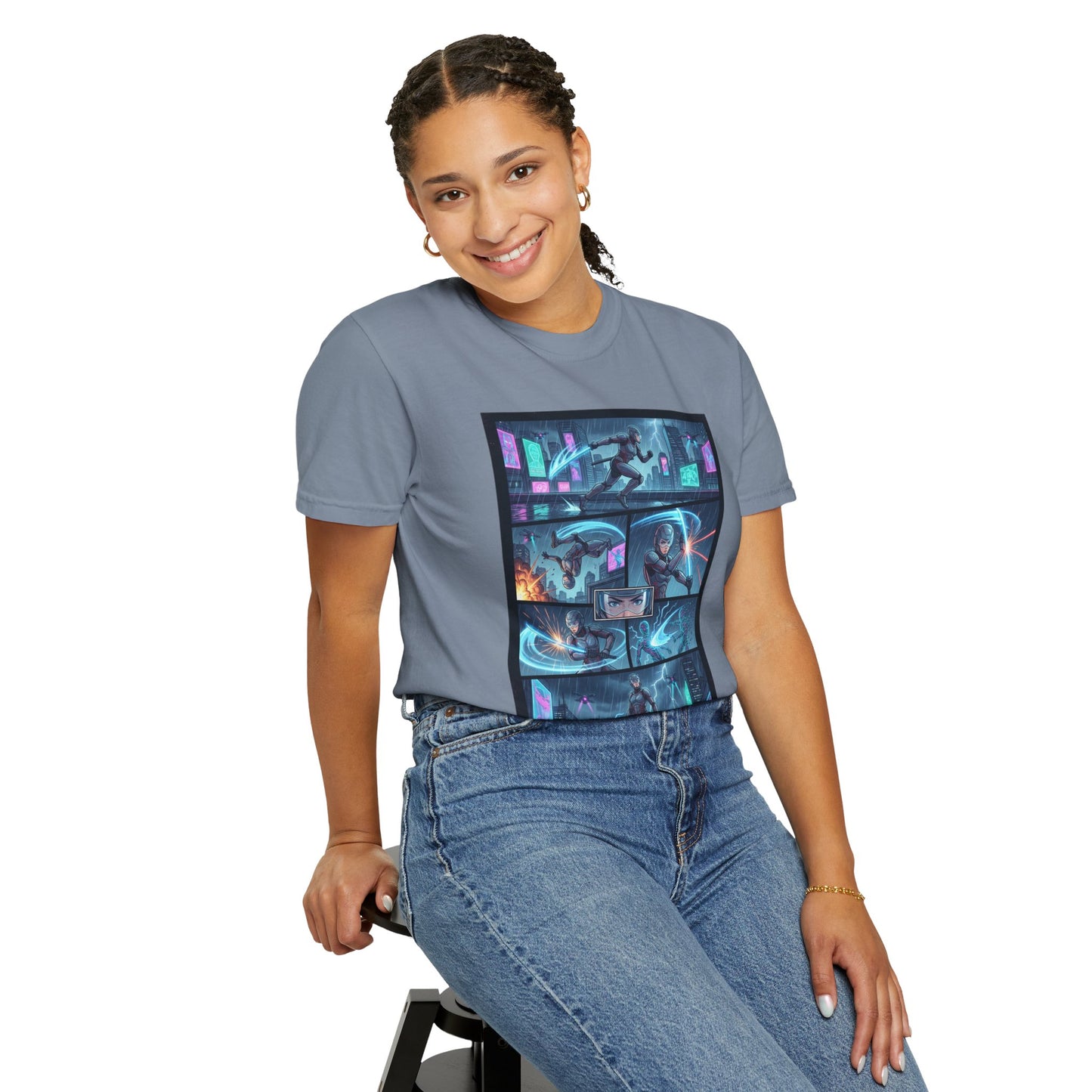 Cyberpunk Girl Samurai T-Shirt — Neon Manga Panel Graphic Tee