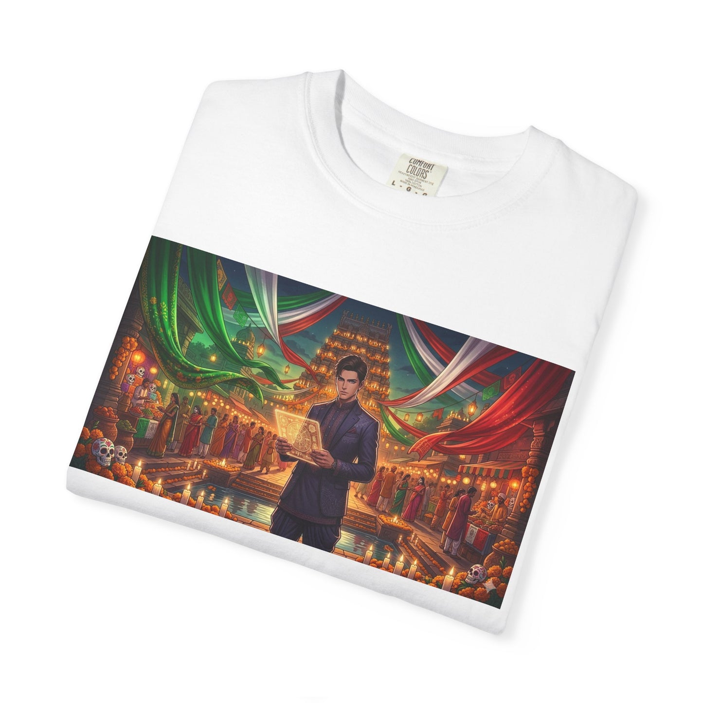 T-Shirt — Dragon Temple Night Scene Graphic Tee (Monk with Dragons)