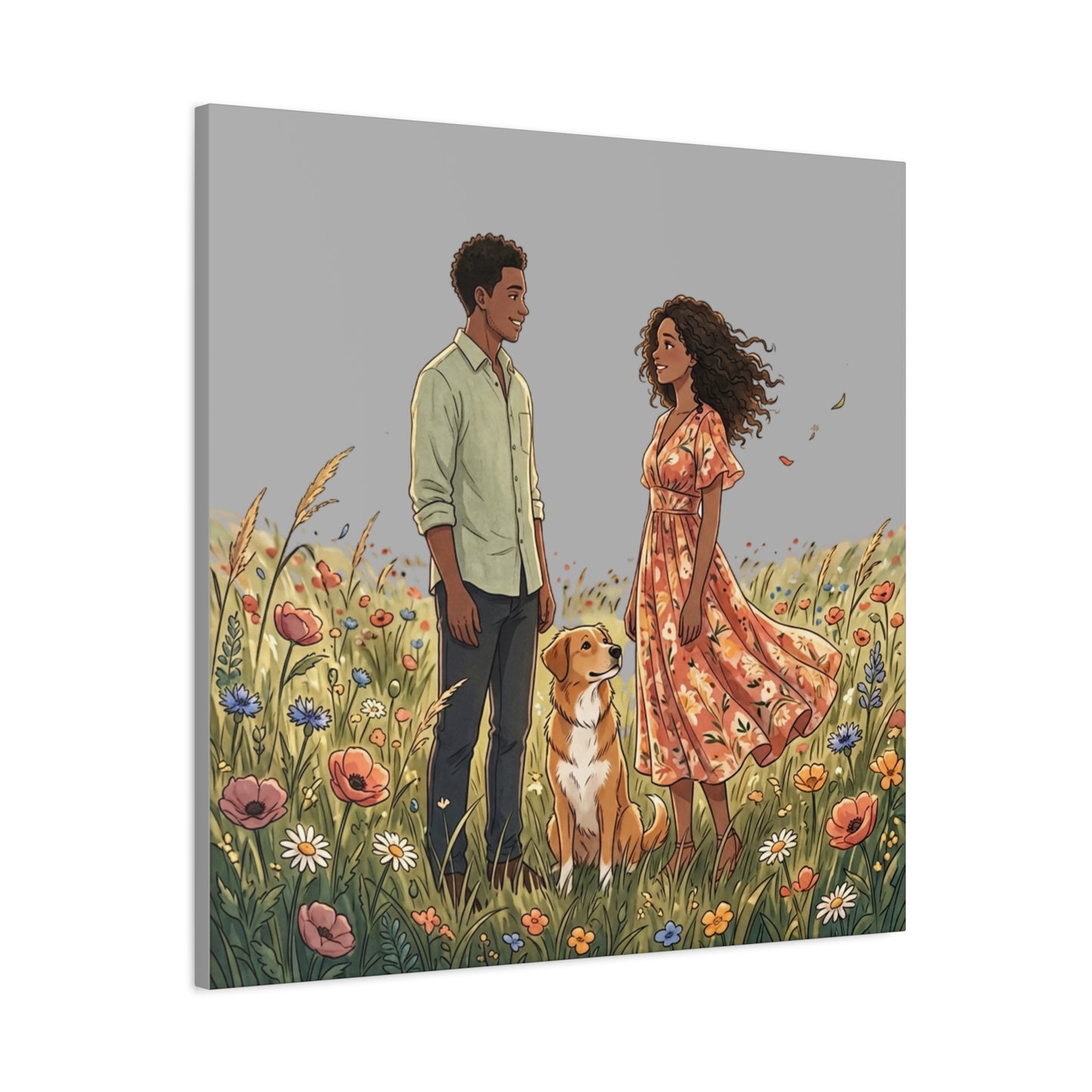 Romantic Couple in Wildflower Field Canvas Art — Black Love Wall Decor with Dog