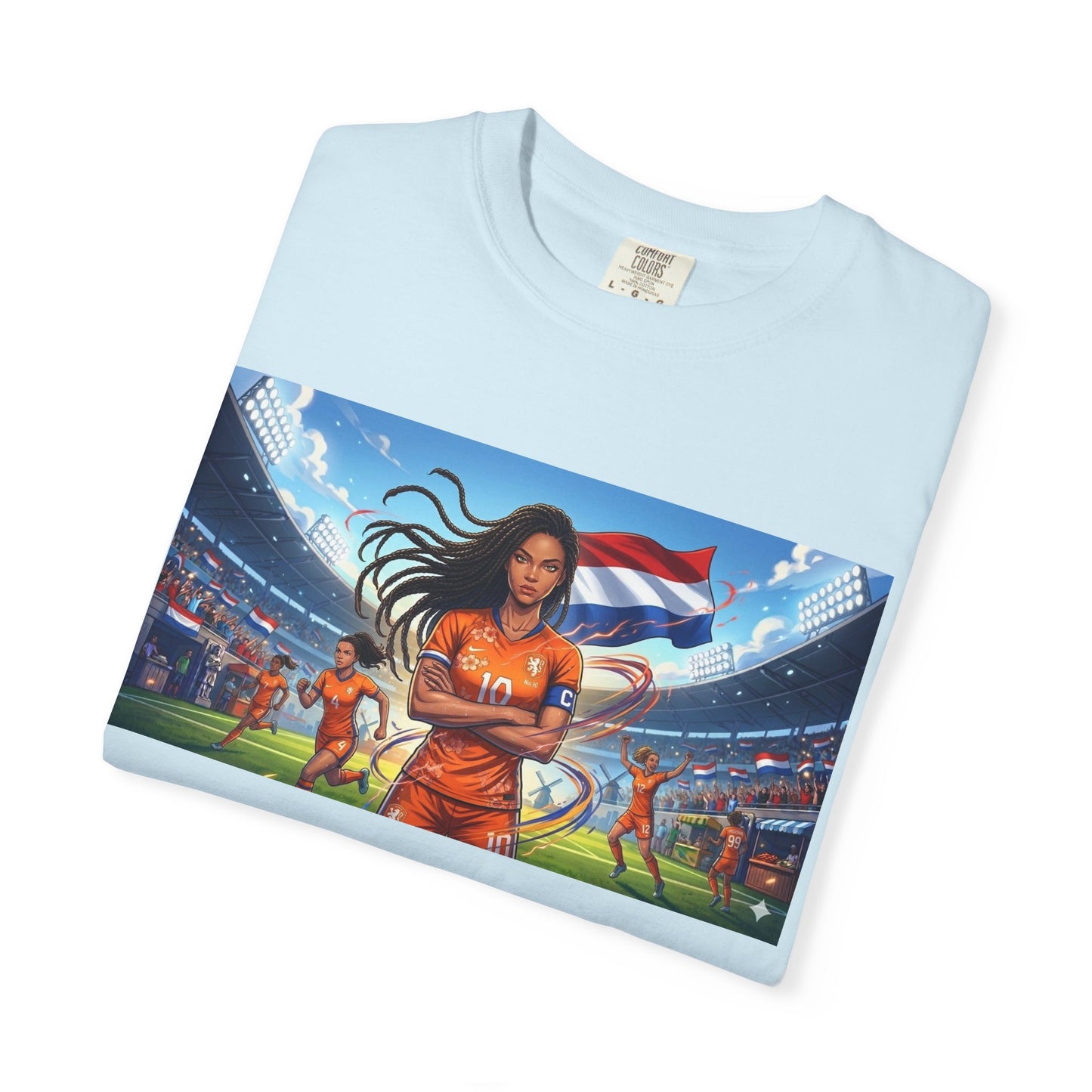 Soccer Warrior T-Shirt — Netherlands Female Captain with Flag Stadium Graphic