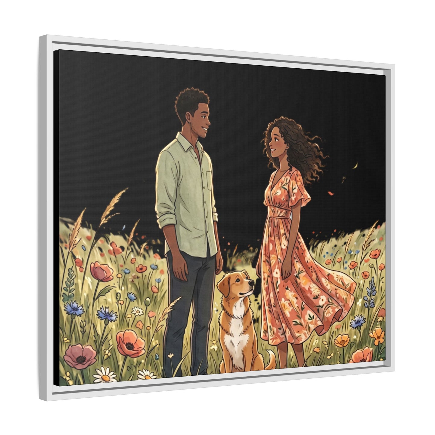 Framed Matte Canvas Print — Romantic Couple in Wildflower Field (Multi‑Color)