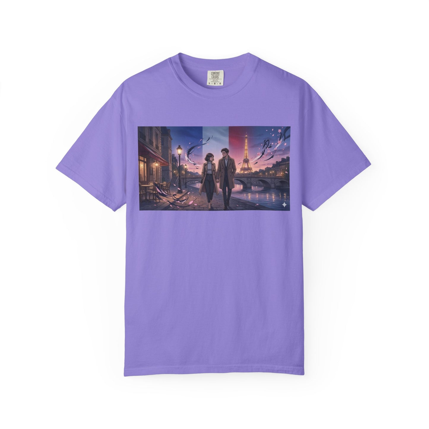 Couple Walking, Eiffel Tower - T-Shirt — Romantic Paris Nightscape Graphic Tee
