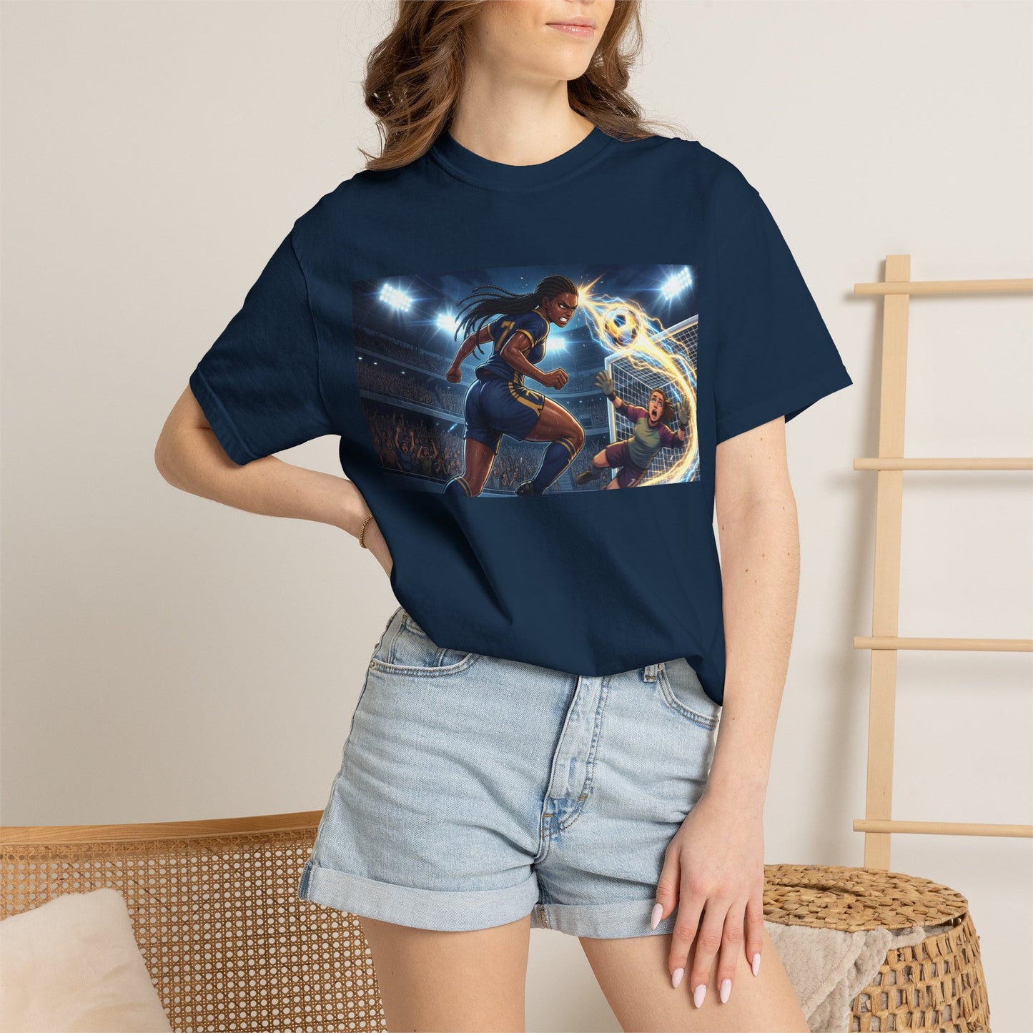 Soccer Duel Graphic T-Shirt — Futuristic Goalkeeper vs Striker Stadium Print