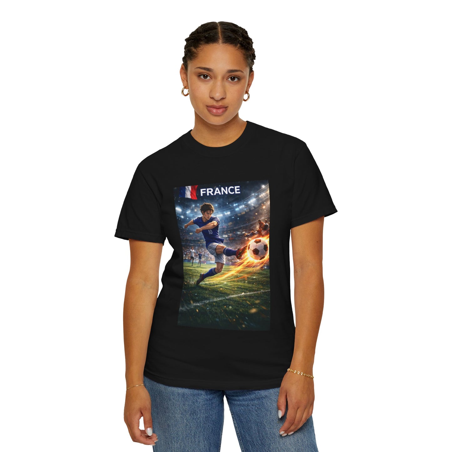 France Soccer Player Graphic T-Shirt — Football Kick Stadium Design